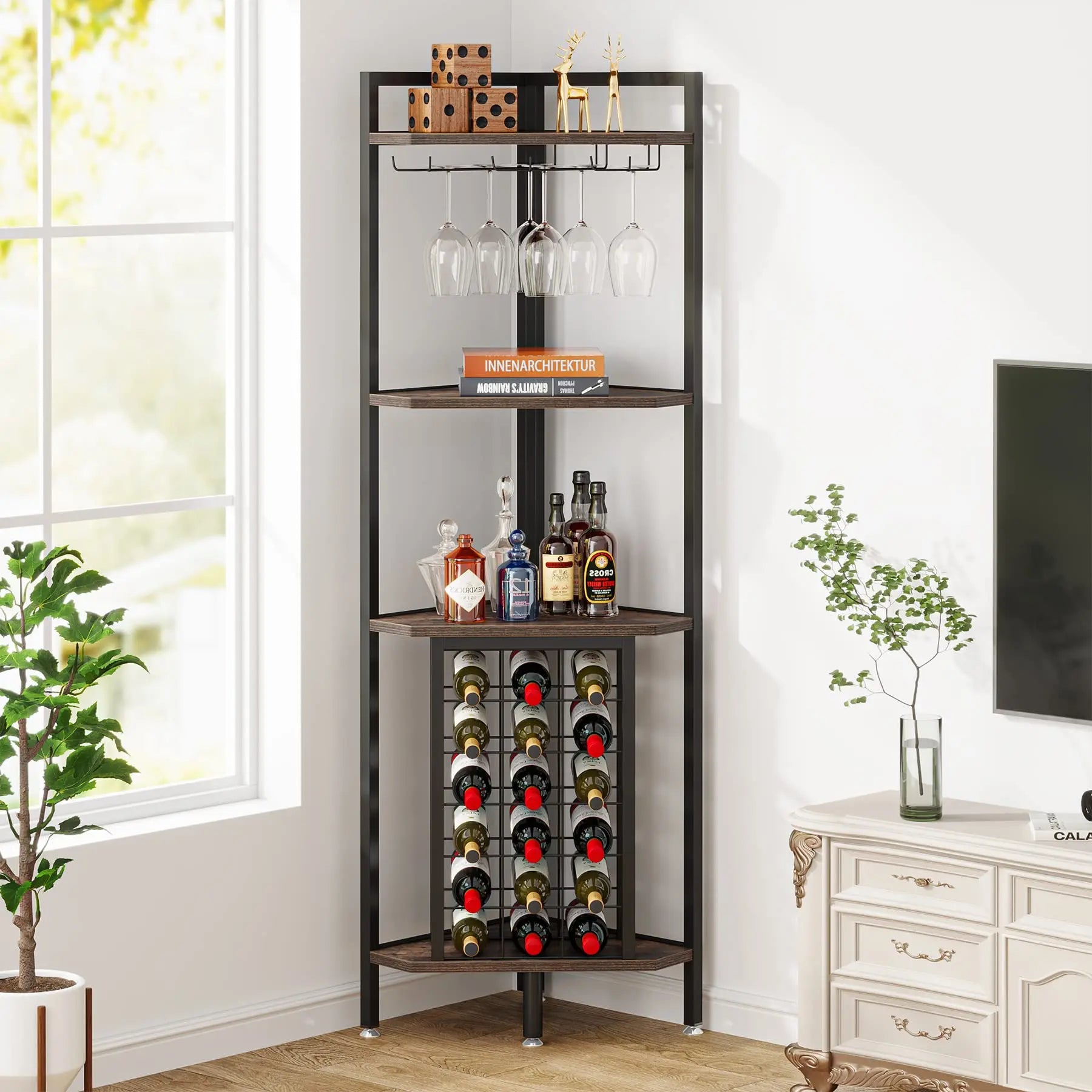 Wine Rack Bar Cabinet 4 Tier Corner Shelf with Glass Holder