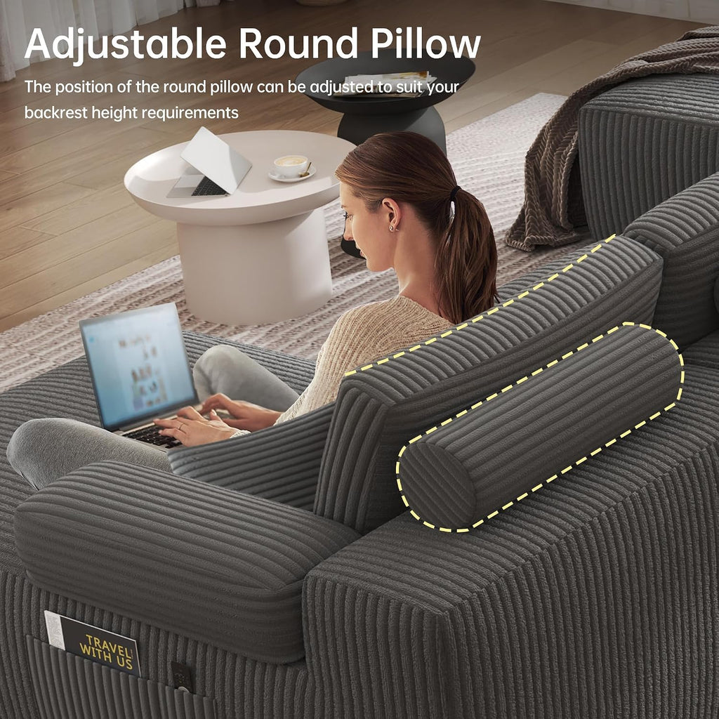 126" Oversized Cloud Couch, U-Shaped Boneless Sectional with Deep Seat Gray | Deep Seat Modular Sofa, Corduroy Boneless Sofa with Chaise, No Assembly Required