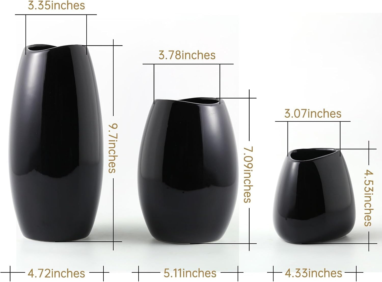 Ceramic Vase Set of 3 Black Flower Vase for Home Decor, Modern Decorative Vase for Flowers/Ideal Shelf Decor/Table/Living Room/Kitchen/Office-Black