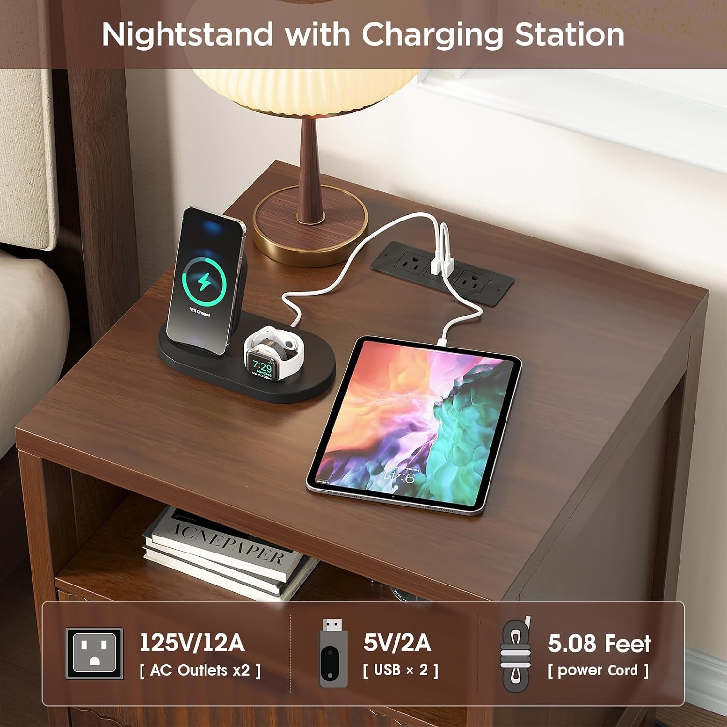 Fluted Nightstand with Charging Station, Modern Night Stand with 2 Slide Drawers and 1 Open Shelf, Walnut End Table with Metal Handles, Bedside Table for Bedroom, 17.7 X 17.7 X 23.6In