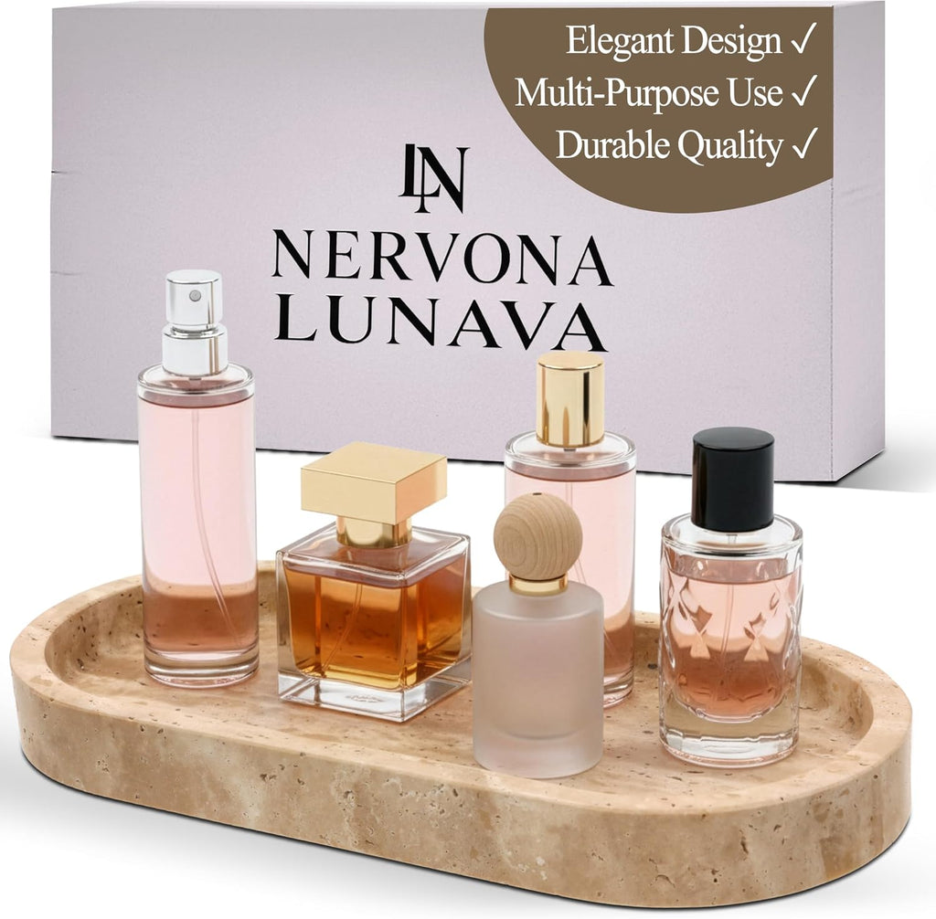 LUNAVA Travertine Tray for Bathroom Counter – Marble Tray for Kitchen Counter, Hand-Polished Natural Stone Caddy for Vanity, Sink, or Dresser, 9.8"X4.7"In, Beige