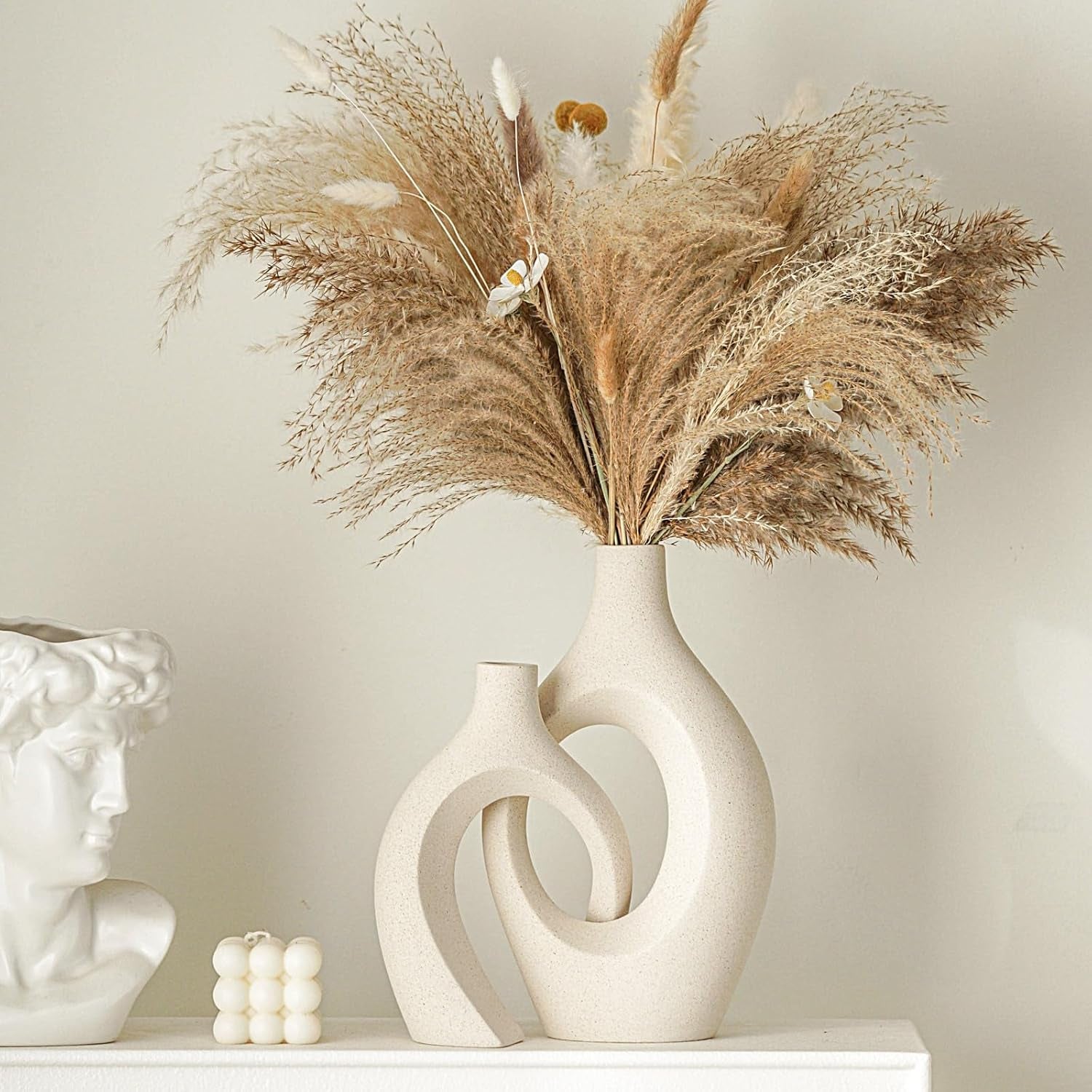 Snuggle Hollow Ceramic Vase Set of 2 for Boho Nordic Modern Decor | round Mid Century Aesthetic Decorative Vases for Home Decor Living Room Kitchen Book Shelf Decorations (Cream W 6.8" X H 11")