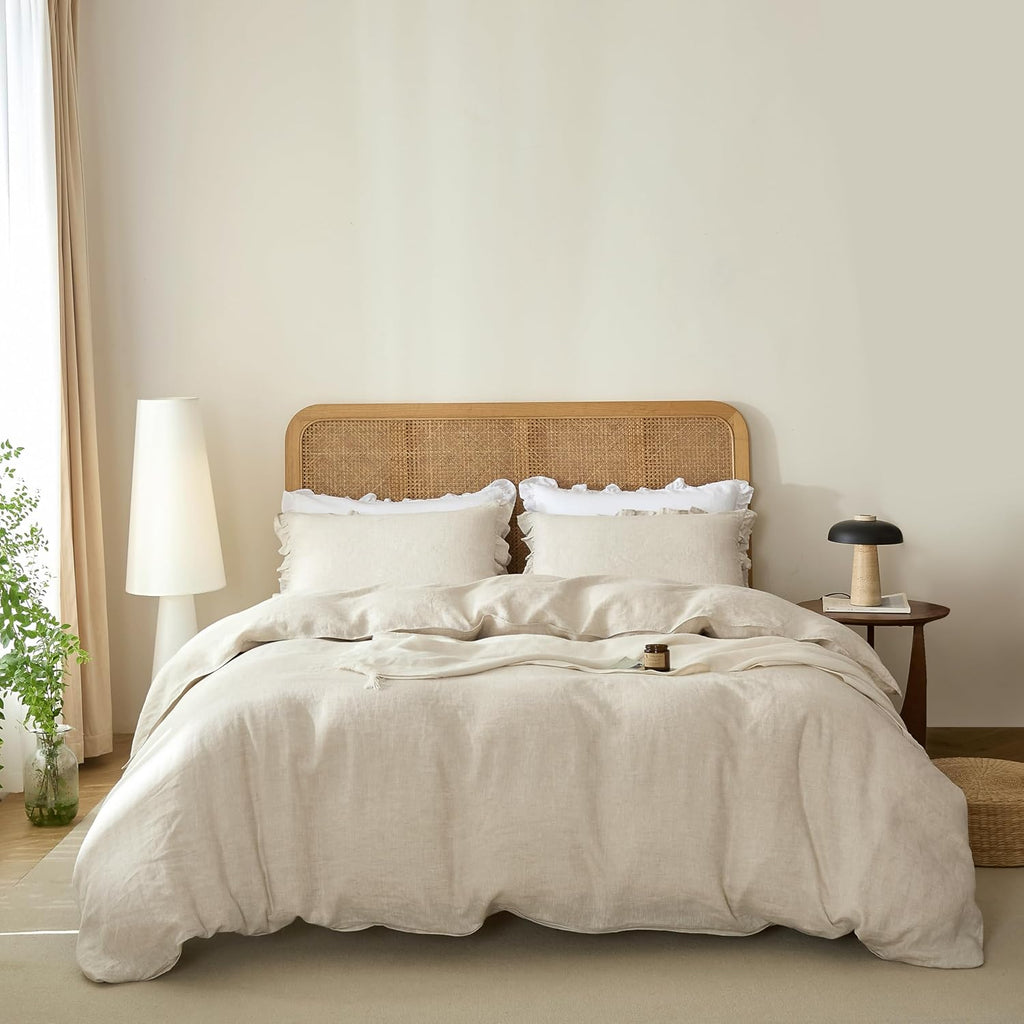 100% French Linen Queen Duvet Cover Set, Organic Linen | Organic French Linen 3PC Duvet Cover Set,Cooling for Hot Sleepers,Moisture Wicking Durable,Ruffle Pillow Shams,Natural Linen