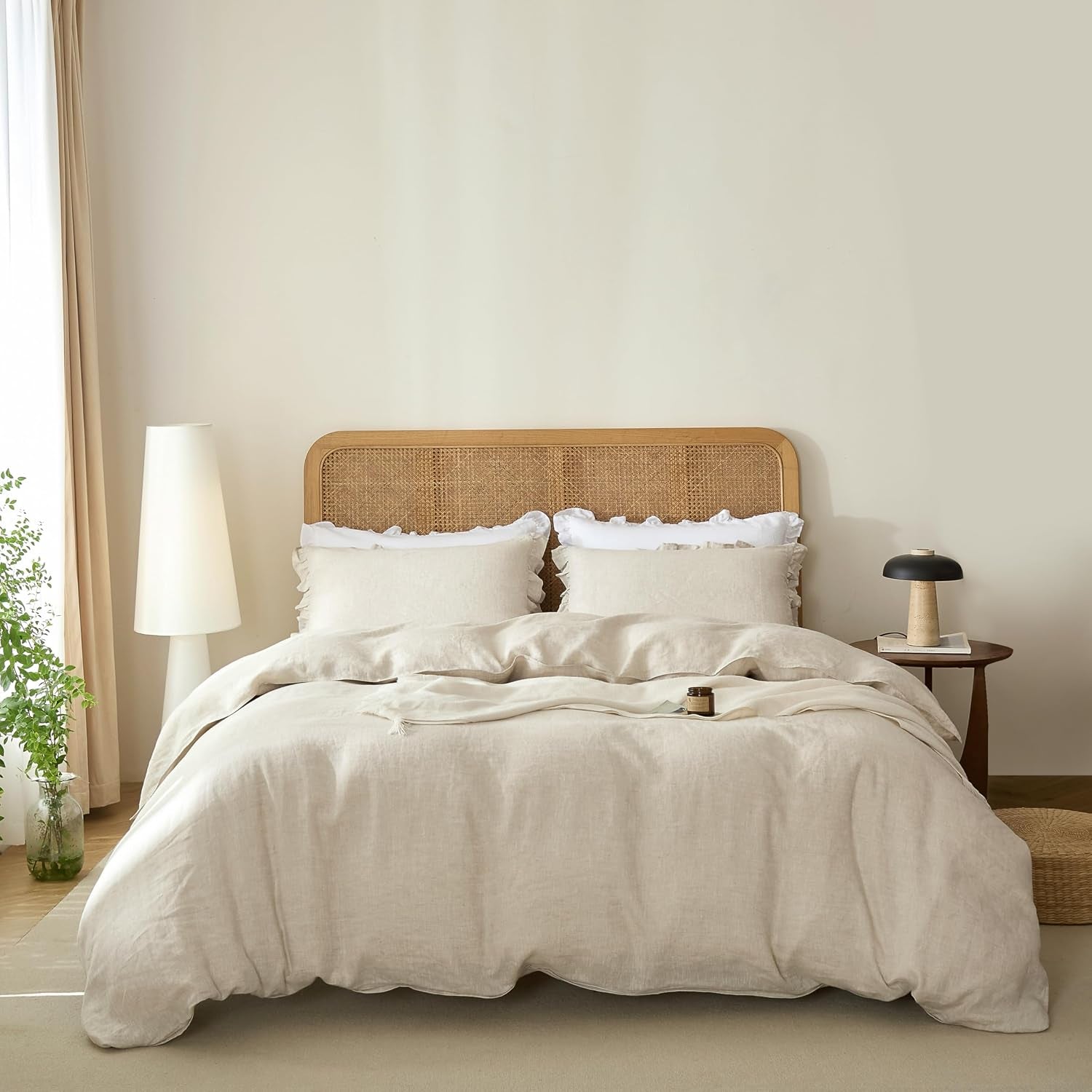 100% French Linen Queen Duvet Cover Set, Organic Linen | Organic French Linen 3PC Duvet Cover Set,Cooling for Hot Sleepers,Moisture Wicking Durable,Ruffle Pillow Shams,Natural Linen