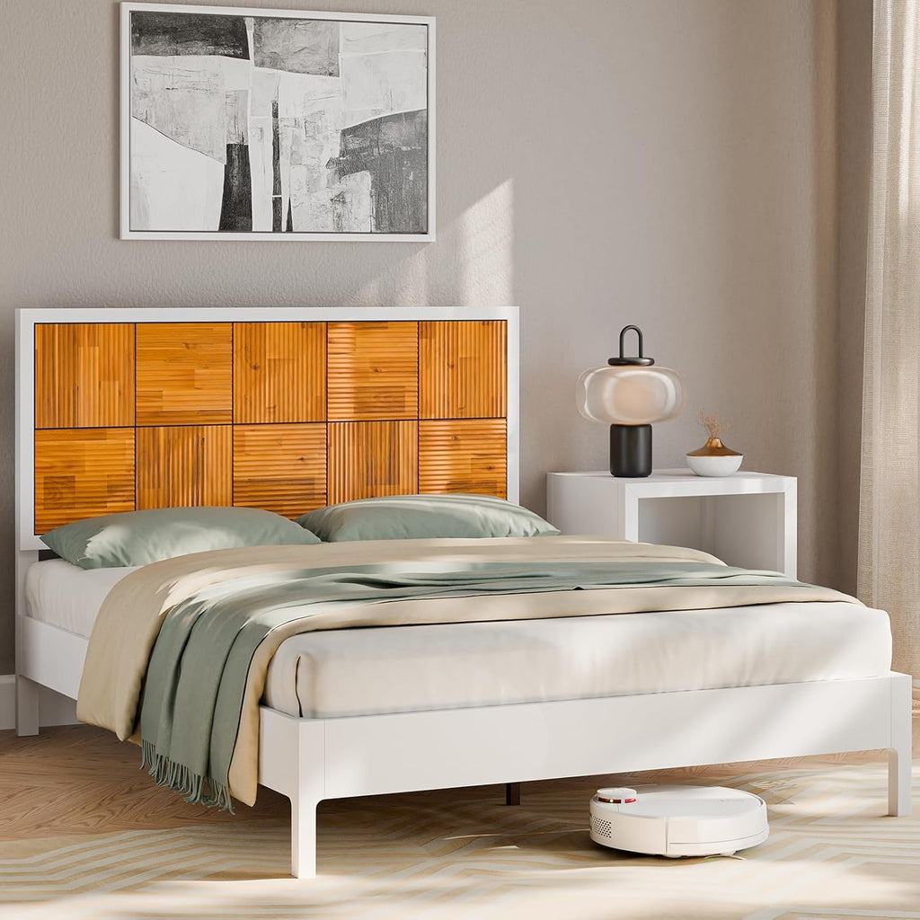 Madia Bed Frame, Mid Century Queen Bed Frame and Headboard with Unique & Trendy Fluted Pattern, 800Lbs Capacity Platform Bed Frame, Solid Acacia Wood Slat Support, Easy Assembly White Bed Frame