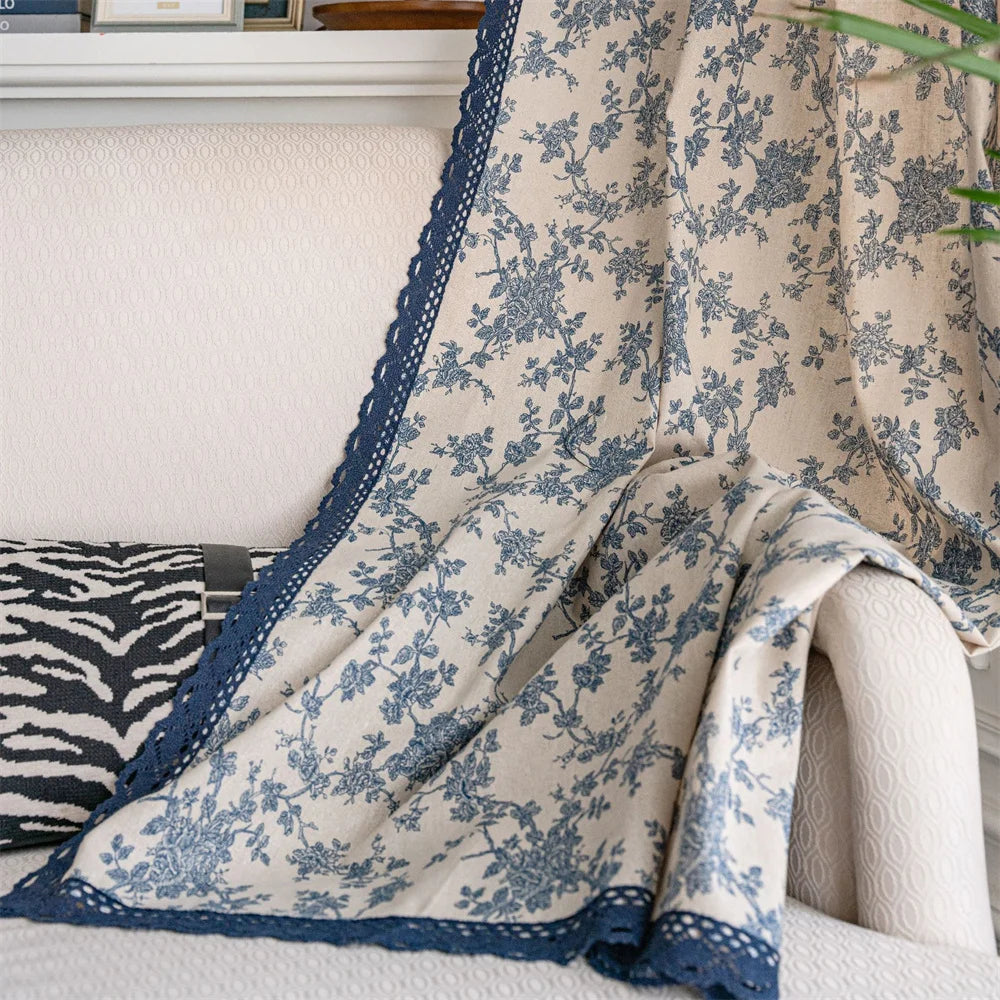 Flower Curtains for Living Room Bedroom Lace Trim Linen Curtains Farmhouse Window Drapes for Lounge Room Home Decor