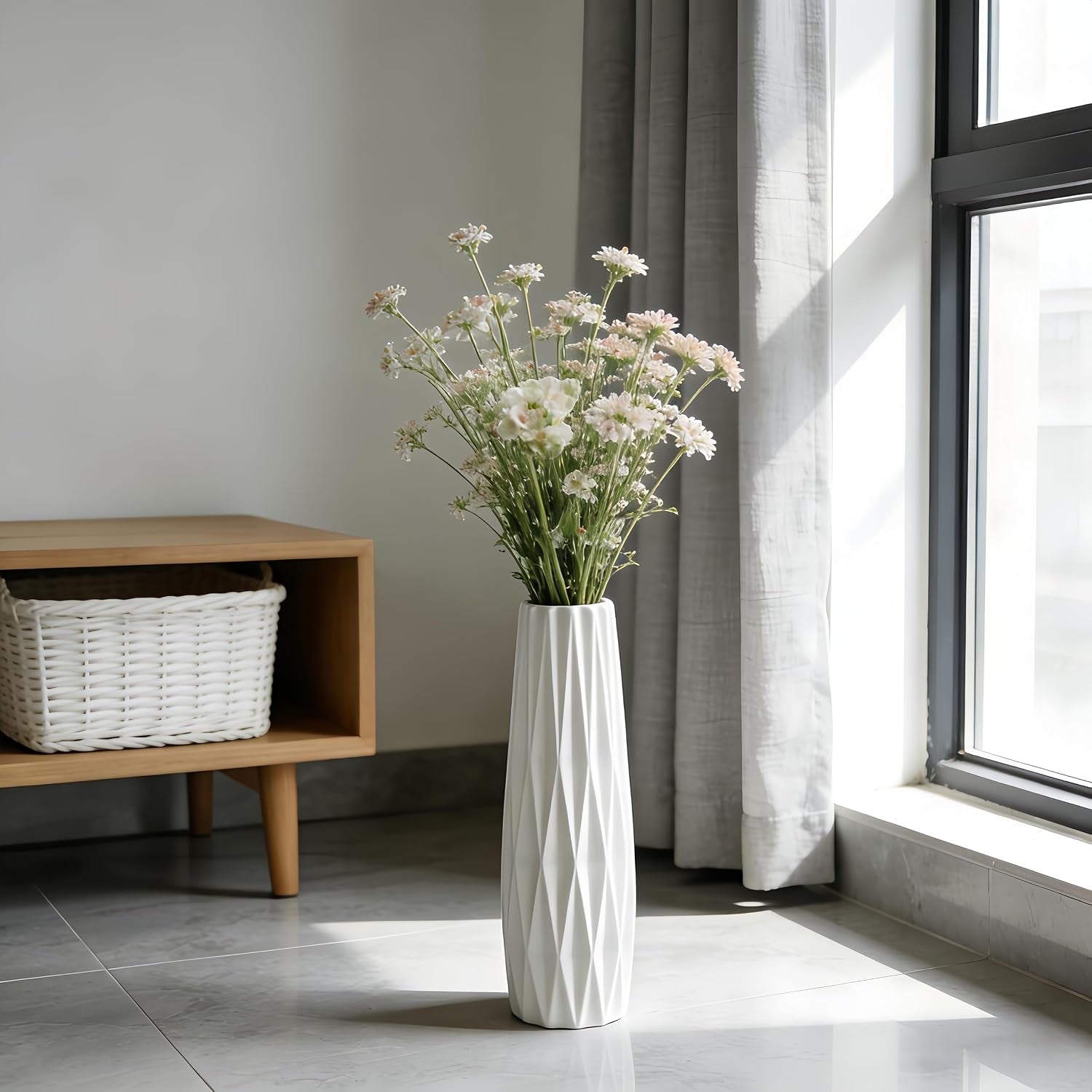 White Tall Ceramic Floor Vase, 15.7 Inch, Ribbed Design | Glossy Glazed Finish, Narrow Corners, Entryway, Bedroom, Compact Spaces