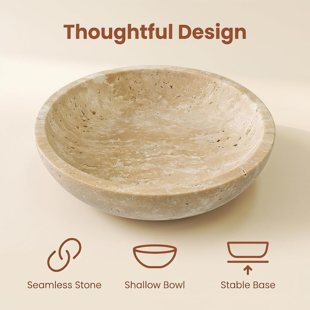 7.87" Natural Travertine Stone Decorative Bowl,Beige, Limestone | Marble Bowl (Decorative Bowl) Functions as Fruit Bowl & Key Bowl; Smooth Beige Finish; for Coffee Table & Kitchen Counter
