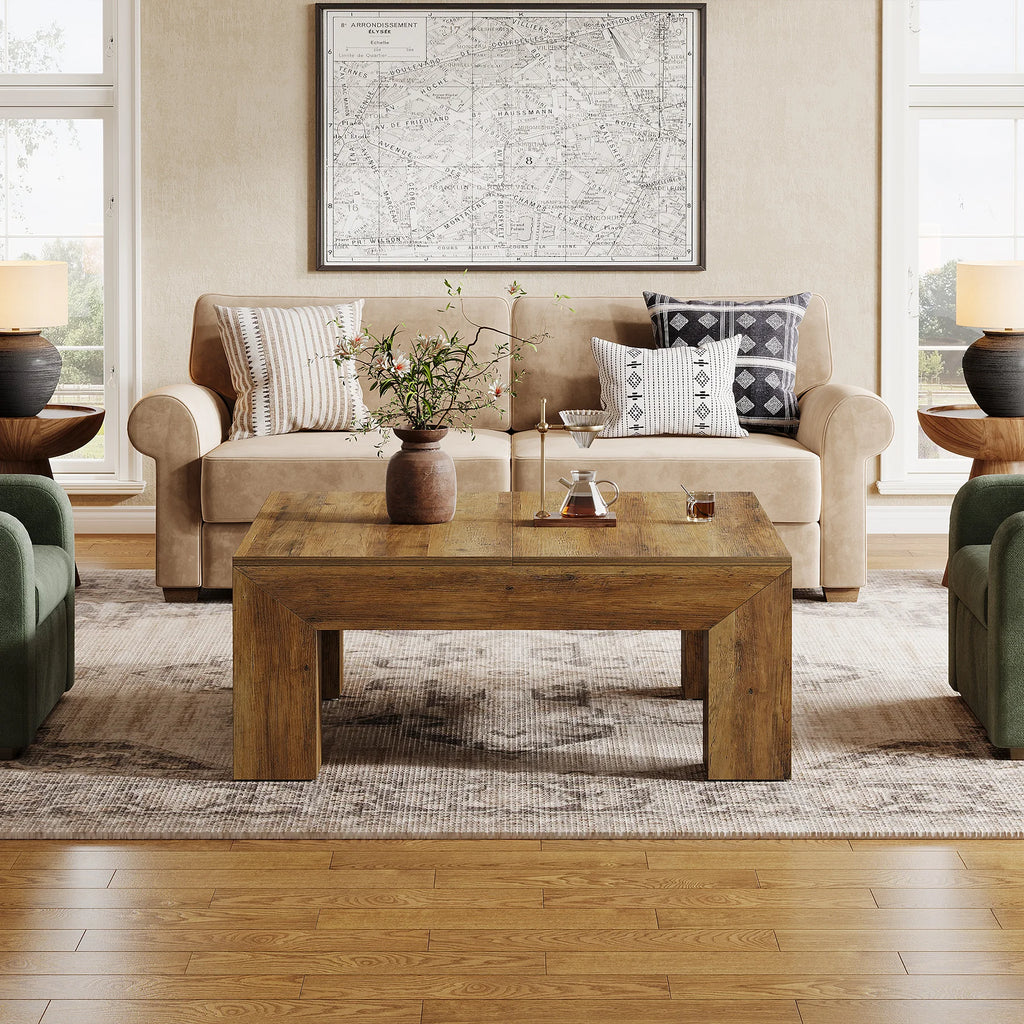 39.4-Inch Square Coffee Table for Living Room, Farmhouse All MDF Accent Center Cocktail Table with Sturdy Wooden Legs