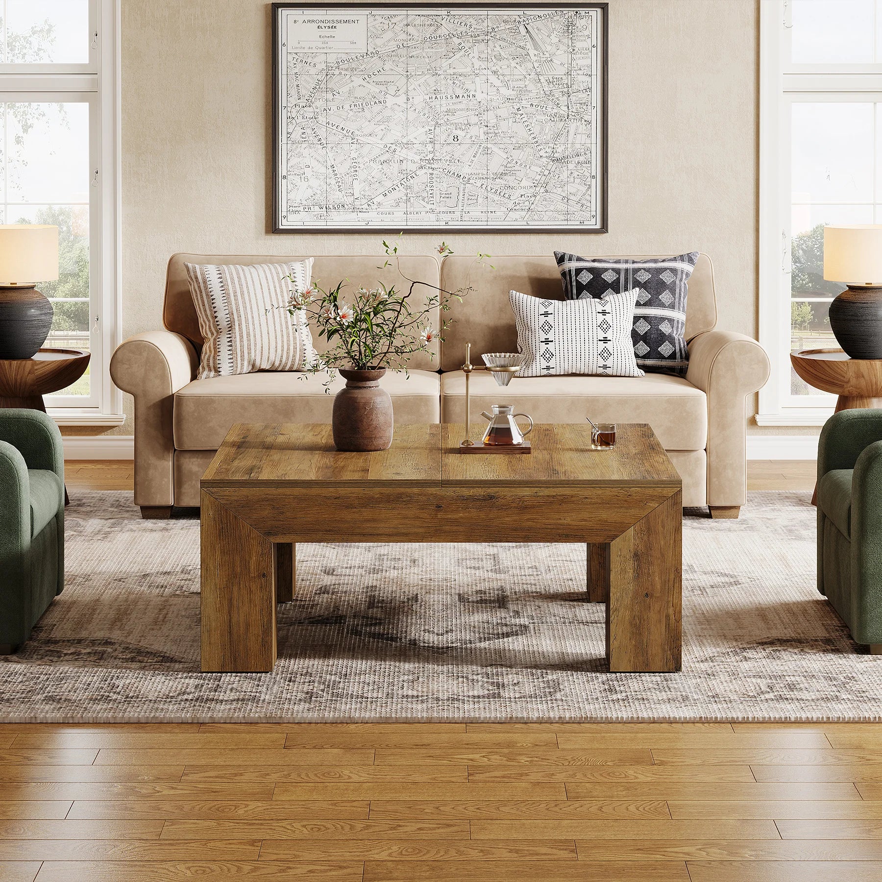 39.4-Inch Square Coffee Table for Living Room, Farmhouse All MDF Accent Center Cocktail Table with Sturdy Wooden Legs