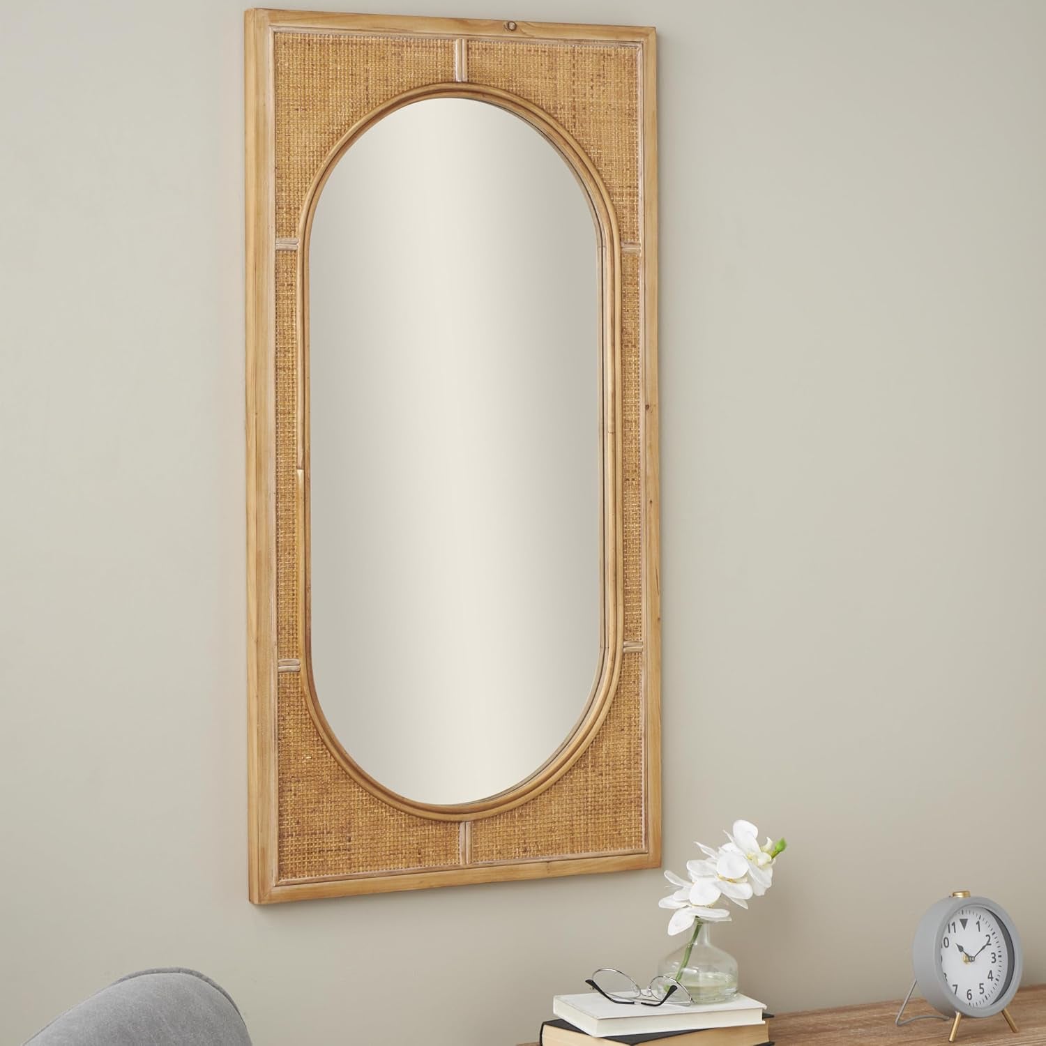 Deco 79 Rattan Room Wall Mirror Entryway Mirror with Oval Center, Wall Mounted Mirror 22" X 1" X 42", Brown