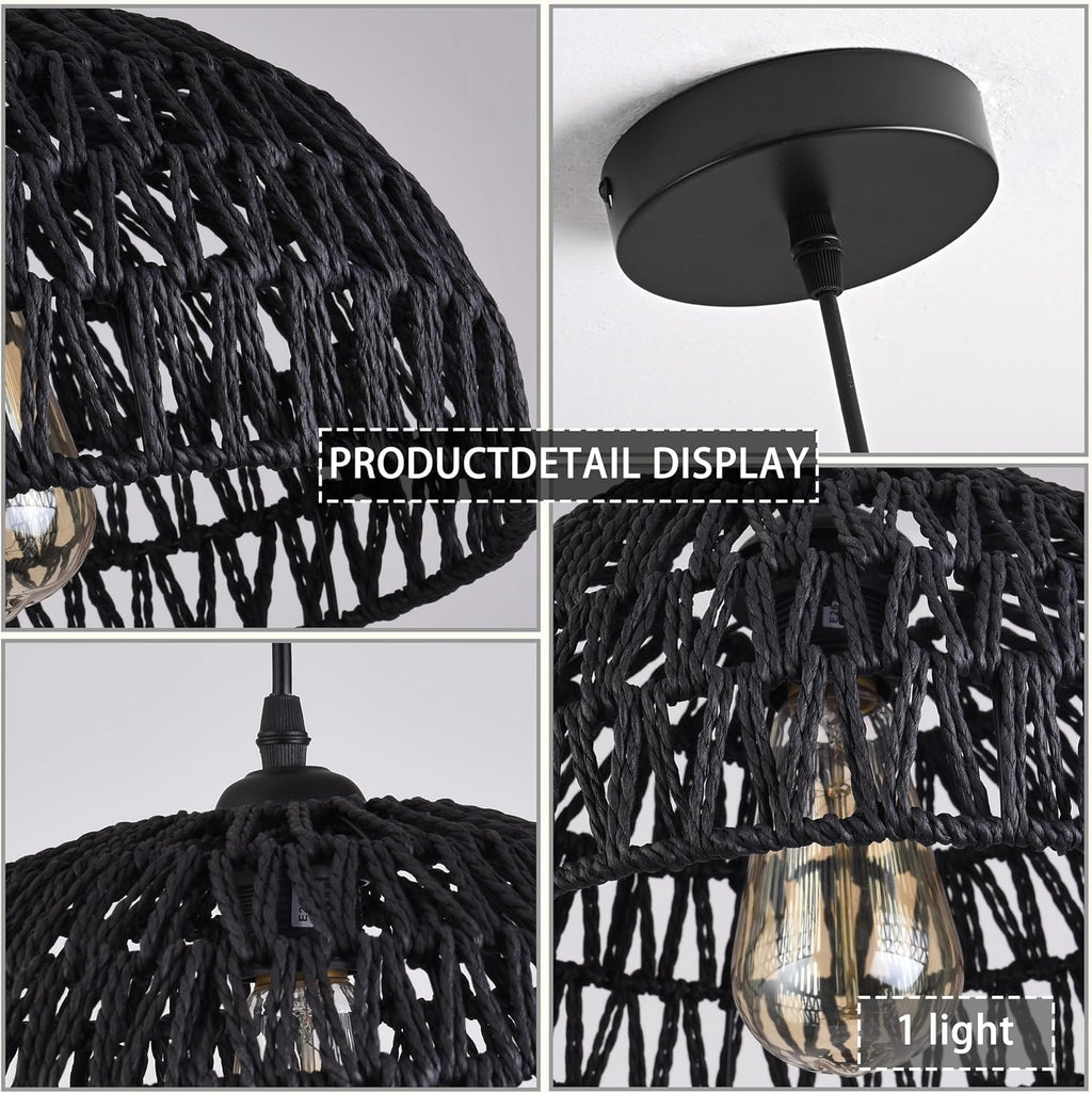 Black Woven Pendant Light Boho Chandelier Light Fixture Wicker Pendant Light Rattan Light Pendant Woven Light Fixture Dome Pendant Light for Dining Room Bedroom Kitchen Island (Bulb Incl)