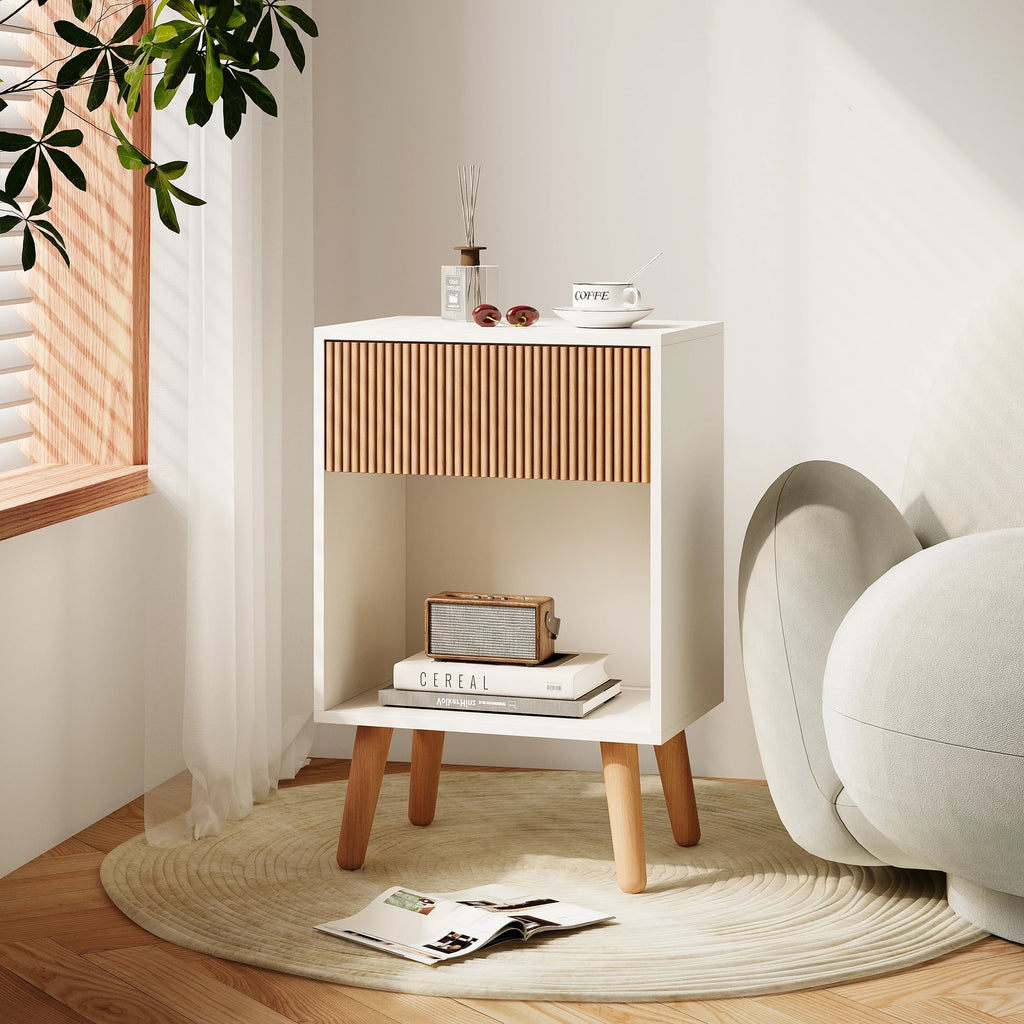 Aesthetic Fluted Nightstand Modern Bedside Table with Wood Drawer & Open Shelf | Mid-Century Room Decor