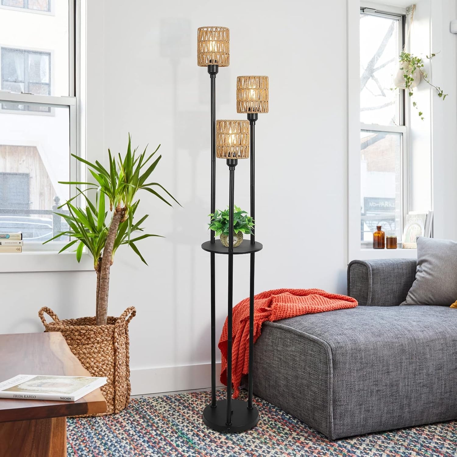 Dimmable Boho Floor Lamps for Living Room, 3-Lights Farmhouse Floor Lamp with 3-Way Foot Switch, Rattan Floor Lamp with Shelves, Rustic Standing Lamp with Rattan Shades, Tall Lamps for Bedroom