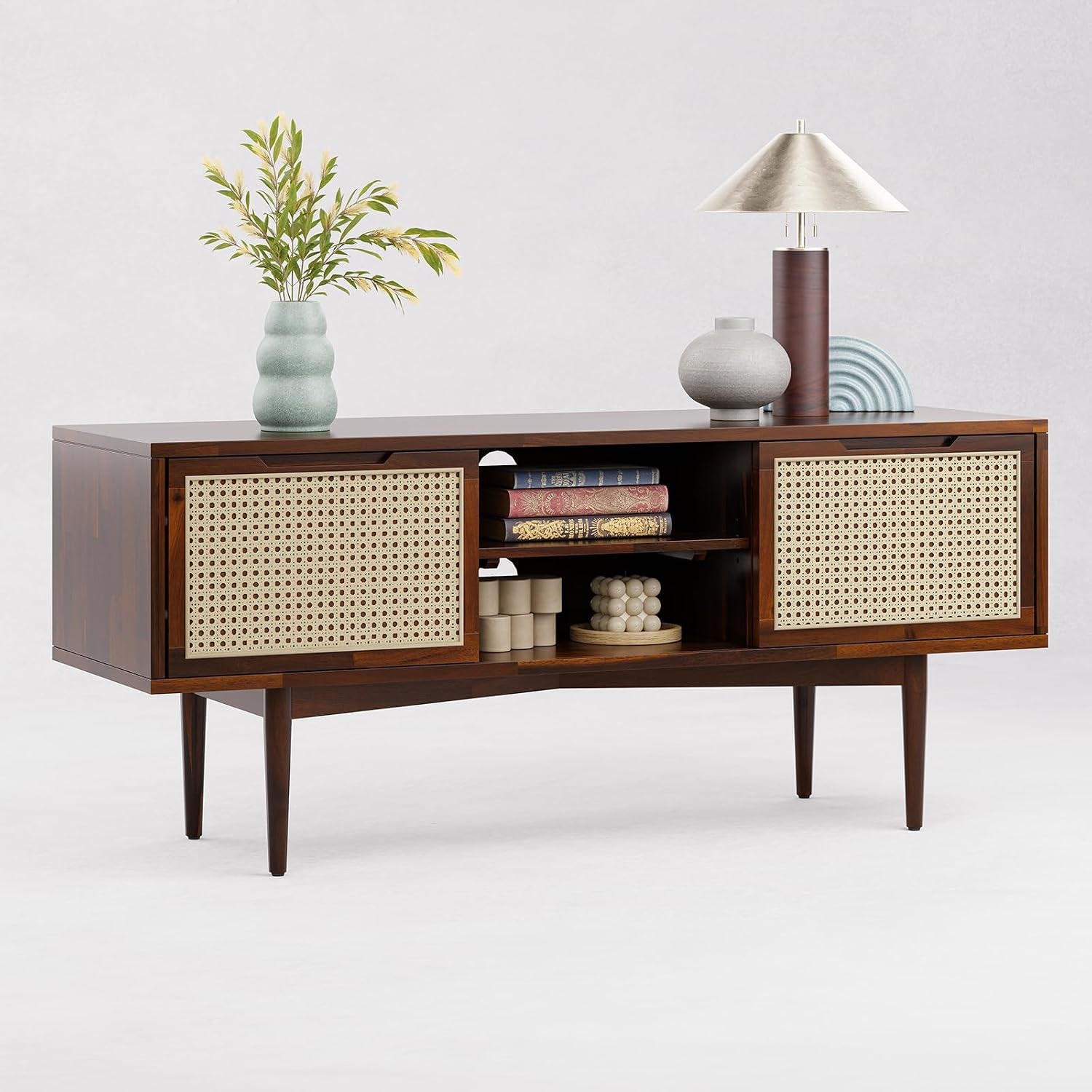 Oliver Modern Solid Wood TV Stand for 55-Inch Tvs – Rattan Door Media Console with Storage, Fluted Entertainment Cabinet for Living Room – Walnut