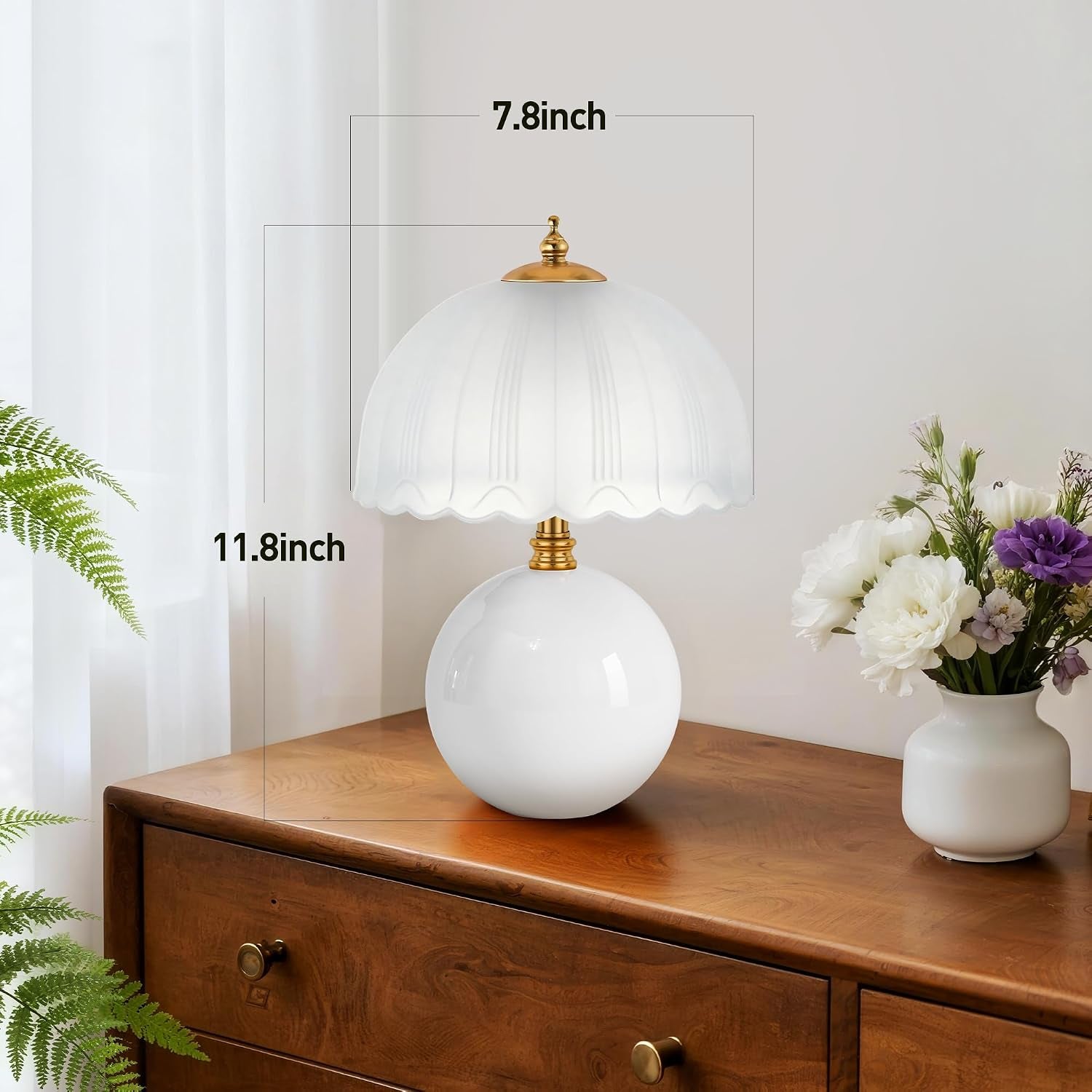 Mushroom Table Lamp, Ceramic Bedside Lamp with Glass Shade, 3-Way Lighting (2700K-5000K) Rocker Switch, Small Nightstand Lamp for Bedroom, Living Room, Office, White
