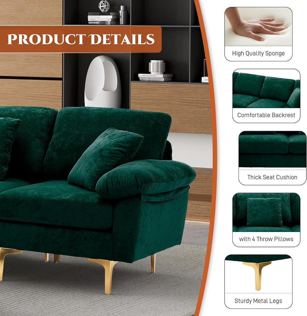 U-Shaped Sectional Sofa Couch, 4 Seat Sofa Set for Living Room, Convertible L-Shaped Velvet Couch Set with Chaise Lounge, Ottoman and Pillows,114 Inches (Emerald Green)
