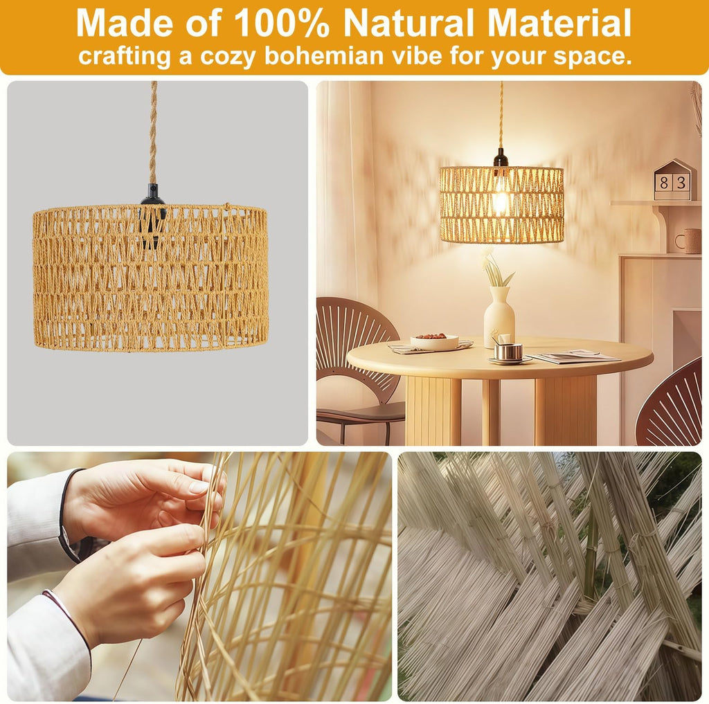 Wicker Pendant Light Plug In, Hand-Woven Jute Swag Light with Adjustable Cord, Boho Plug in Pendant Light Rattan Hanging Lamp for Living Room, Dining Room, Corridor Foyer, Gift Use(Nobulb)