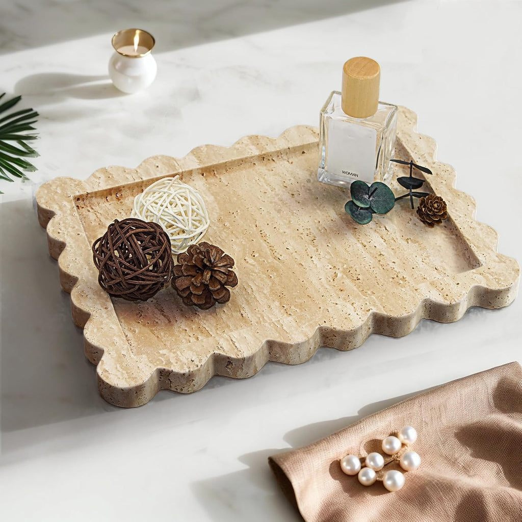 Genuine Travertine Scalloped Marble Tray, Real Natural Marble Stone Trays, Luxury Decorative Trays for Bathroom, Dresser, Vanity, Kitchen, Home Decor, 10.6" X 8", Travertine Beige