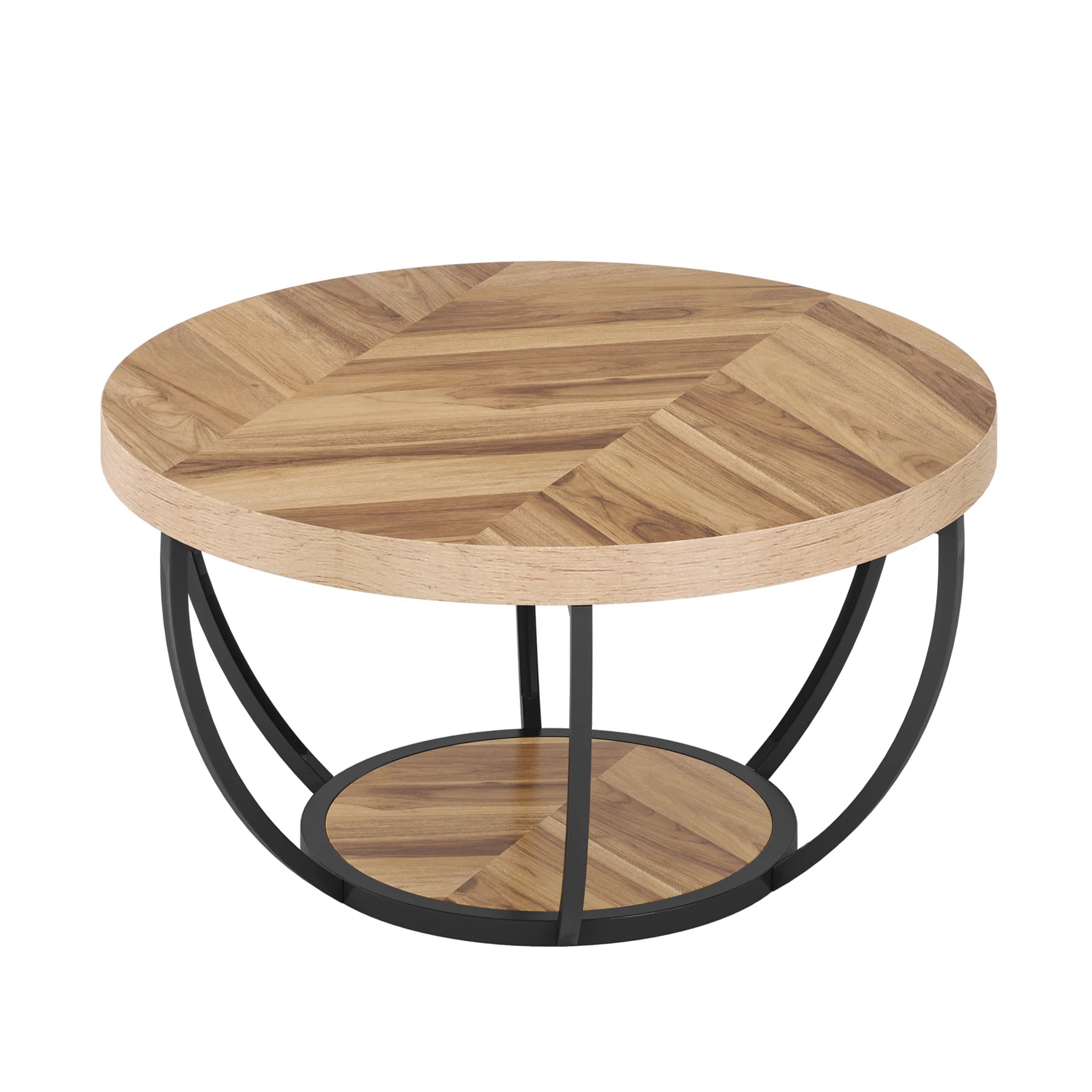 31.7" round Coffee Table, Industrial 2-Tier Circle Coffee Table with Storage Shelves, Modern Wooden Sofa Side Table