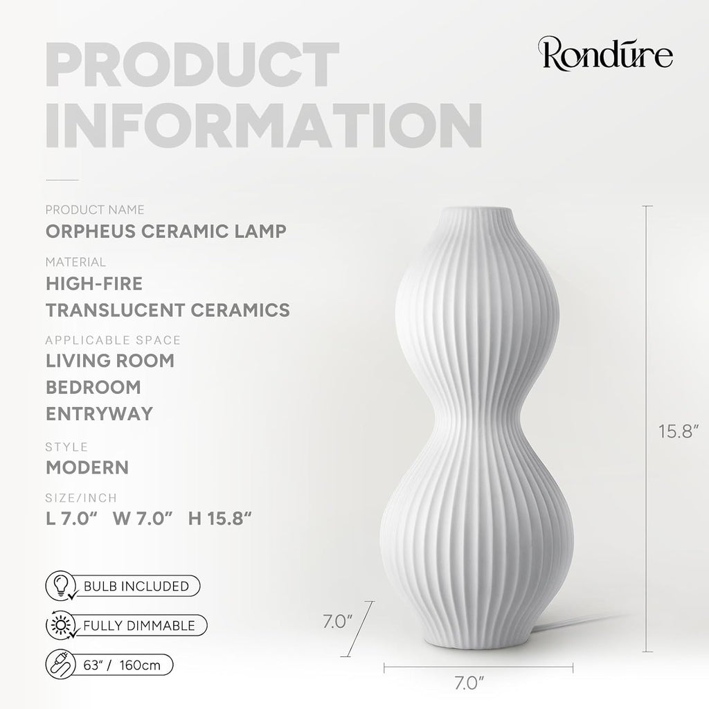 Modern Ceramic Decorative Table Lamp Living Room Bedroom Bedside | Handcrafted Unique Warm Ambient Lighting Lamp, Accent White Translucent Ceramic Shade, Fully Dimmable, Corded, Bulb Included