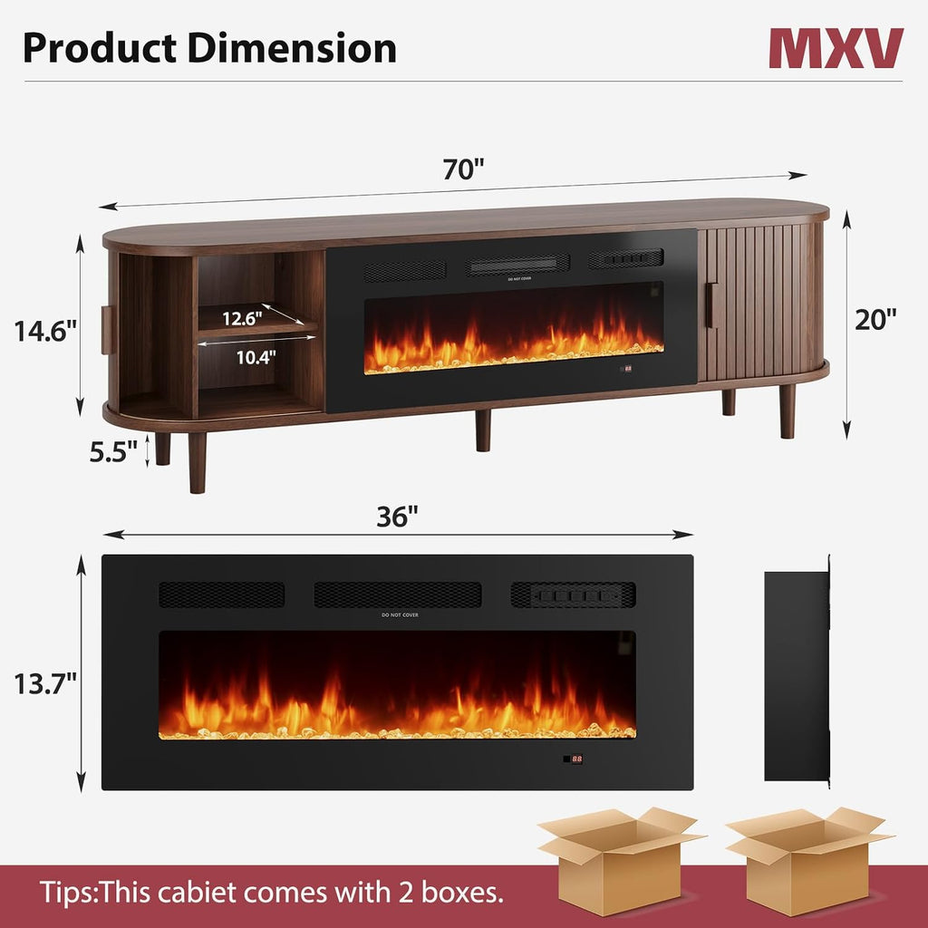 70″ Fluted Fireplace TV Stand, Mid Century Modern TV Stand with 36″ Fireplace for Tvs up to 80", Entertainment Center with Sliding Door & Solid Wood Legs, for Living Room, Walnut