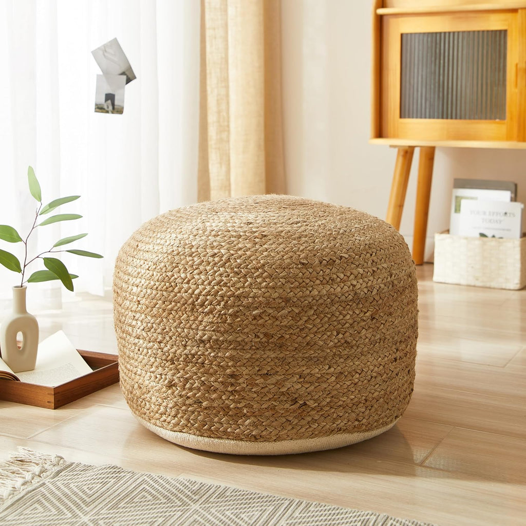 Circular Natural Jute Braided Pouf Ottoman and Footrest, 18"X18"X10"H