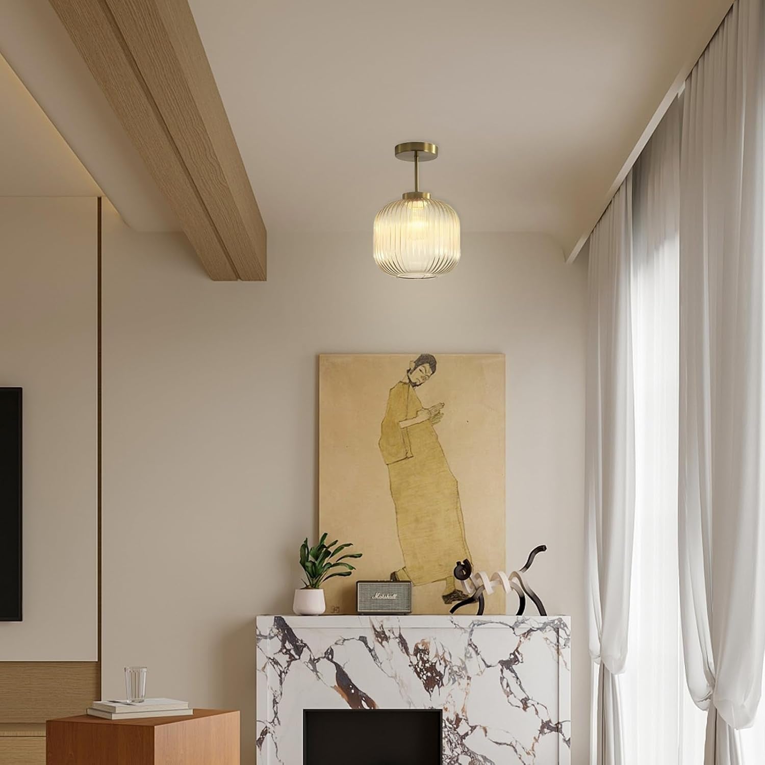 Vintage Brass & Glass Flush Mount Pendant Light, Minimalist Ceiling Lamp, E26 Chandelier for Bedroom, Hallway & Living Room Décor (Amber)