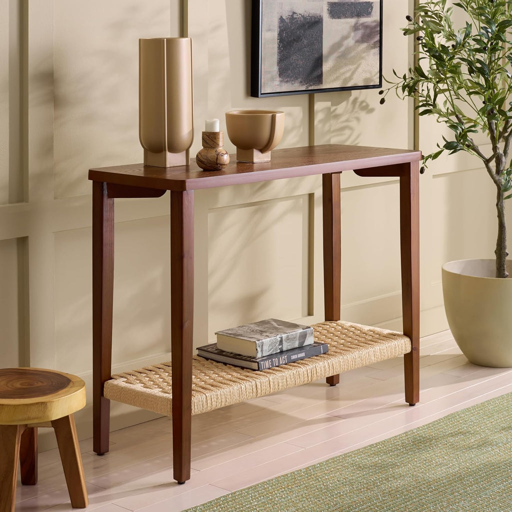 SAFAVIEH Home Collection - Chasu Walnut Console Table with Rope Detailing, 1 Shelf, Rustic Modern Entryway Accent (CNS2303A)