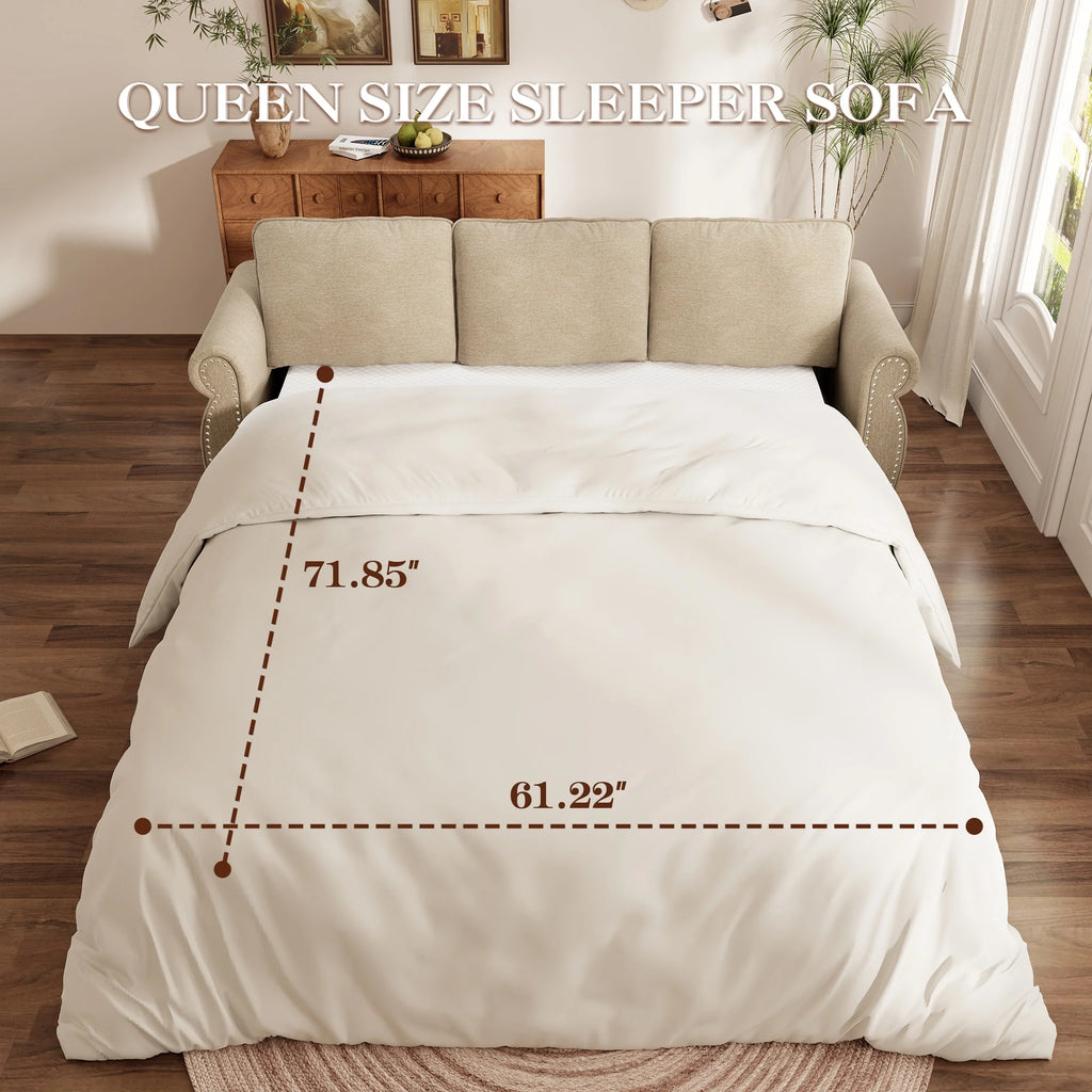 Queen Size Pull Out Sofa Bed, 2-In-1 Convertible Sleeper Couches with Memory Foam Mattress, 3 Seat Sleeper Couch Beds for Living Room, Beige