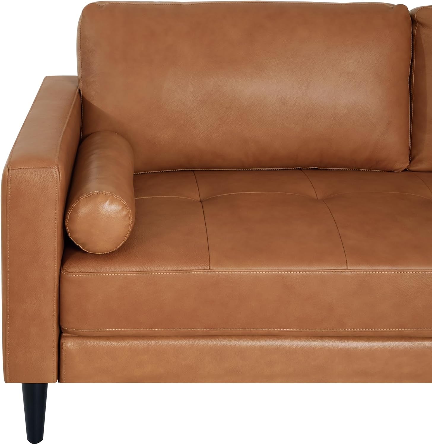Marisa Genuine Leather Mid-Century Modern Sofa, Tan | Removable Cushions, Matching Bolster Pillows, Plush Foam Comfort, Sturdy Hardwood Frame, Spacious 3-Seater Seating
