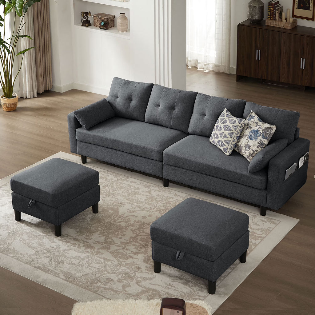 Modern Sectional Sofa with Reversible Chaise, Adjustable Backrest & Armrest, 4-Seat Convertible Couch