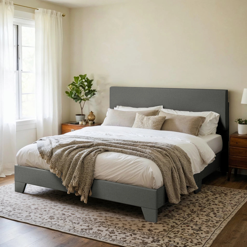 Upholstered linen bed frame with adjustable headboard