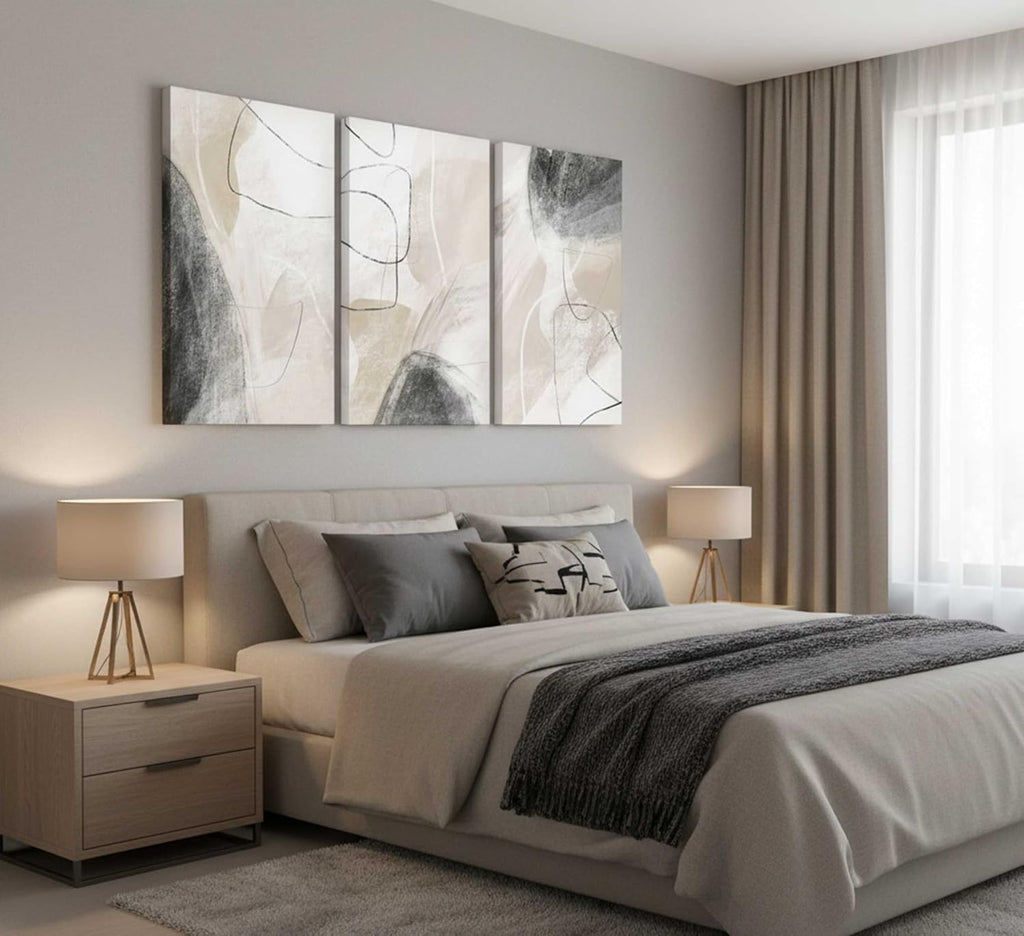 3Pcs Modern Abstract Canvas Wall Art | Neutral Minimalist Boho Beige and Black Grey Geometric Line Nordic Picture Wall Decor Poster Print Artwork for Living Room