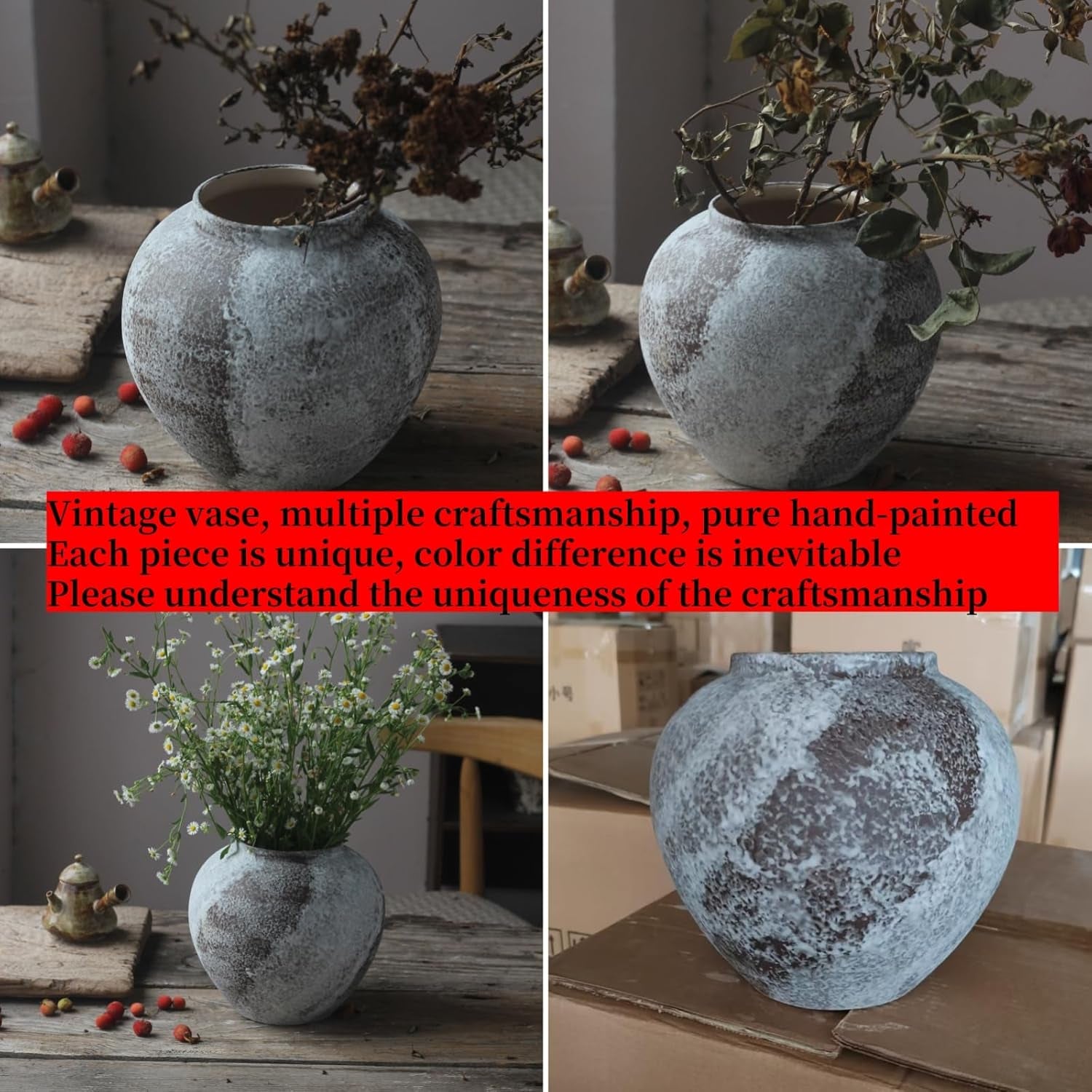 8.6" Large Rustic Distressed Ceramic Vase Farmhouse Home Decor Vases | round Wide Mouth Terracotta Minimalist Vintage Clay Stone Texture Decorative Vase for Coffee Table Centerpiece Living Room