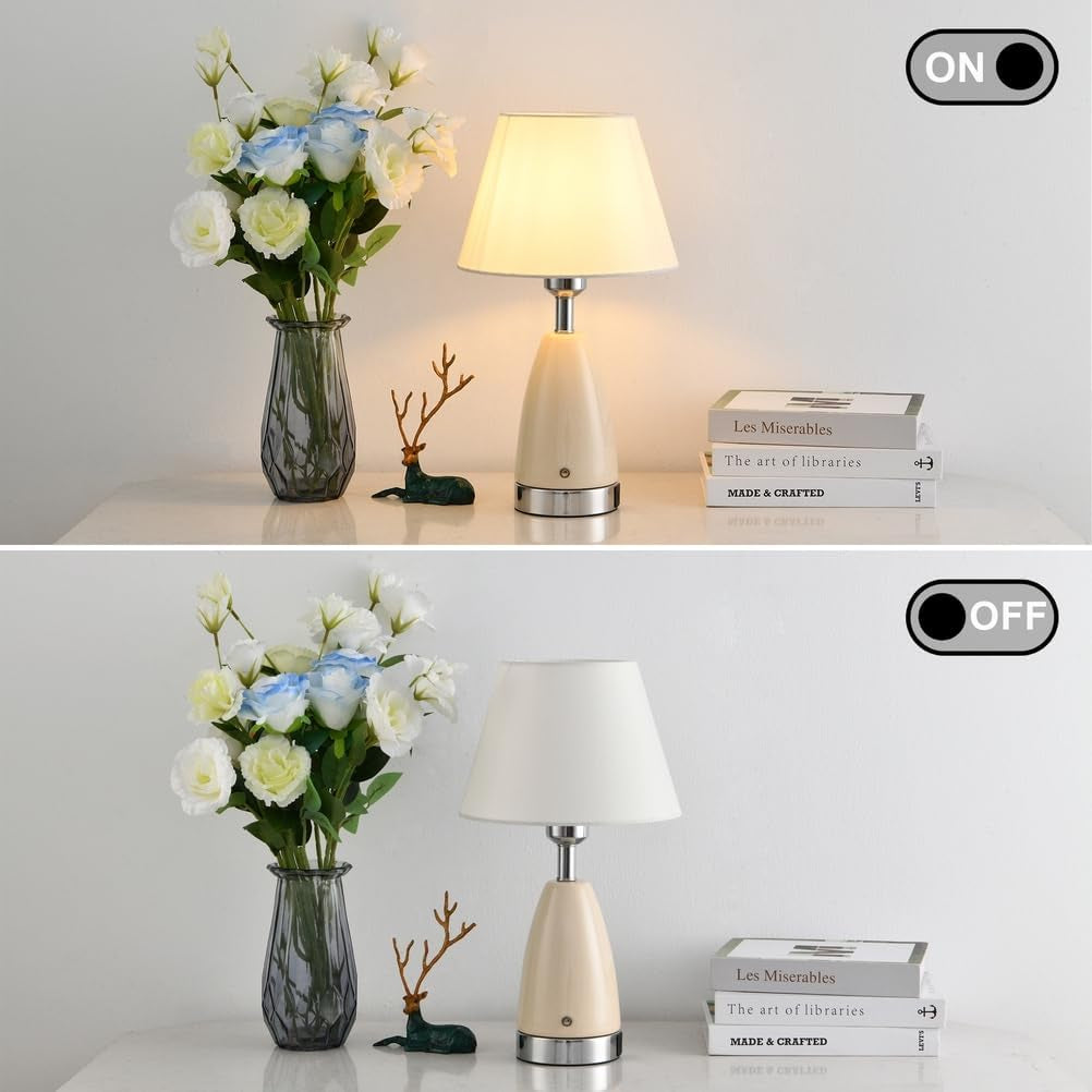 Farmhouse White Ceramic Table Lamp for Bedroom, Touch Dimmable Nightstand Lamps with Fabric Shade, 6W E26 Ceramic Lamp with USB a + C Port for Living Room Bedside Buffet