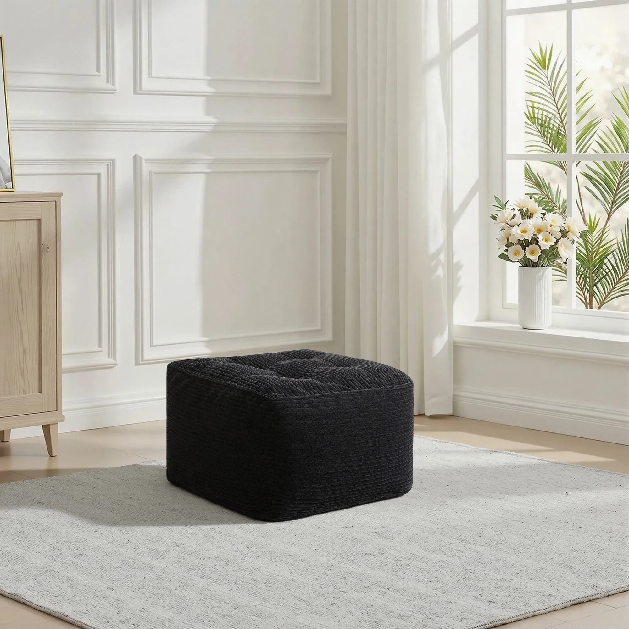 Black Corduroy Square Ottoman Footstool, Tufted Upholstered Footrest for Living Room Bedroom