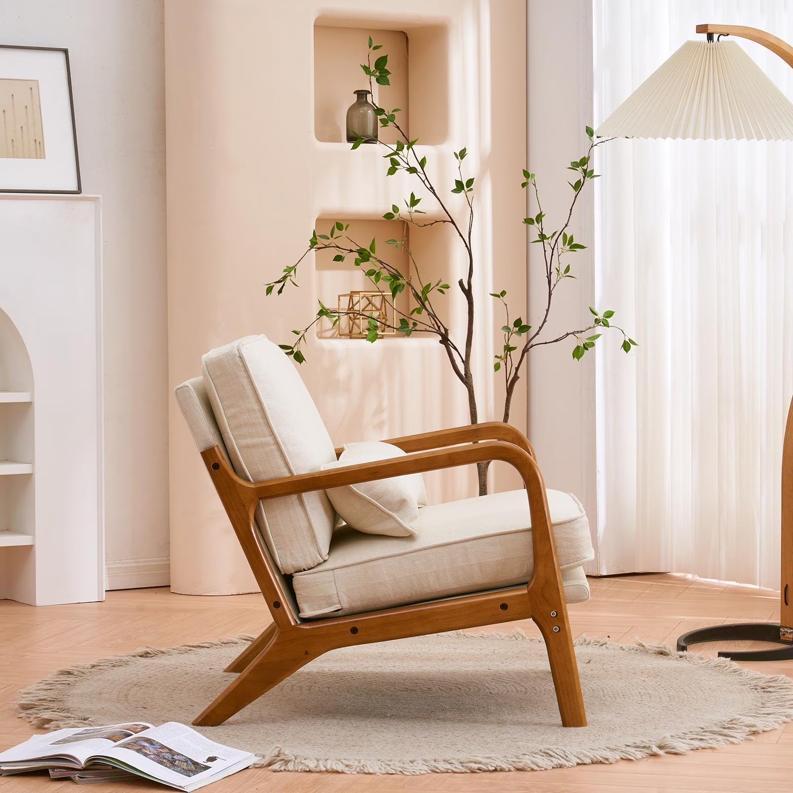 Modern Arm Chair Linen Fabric Upholstered Comfy Reading Accent Chair with Solid Wood Frame Beige
