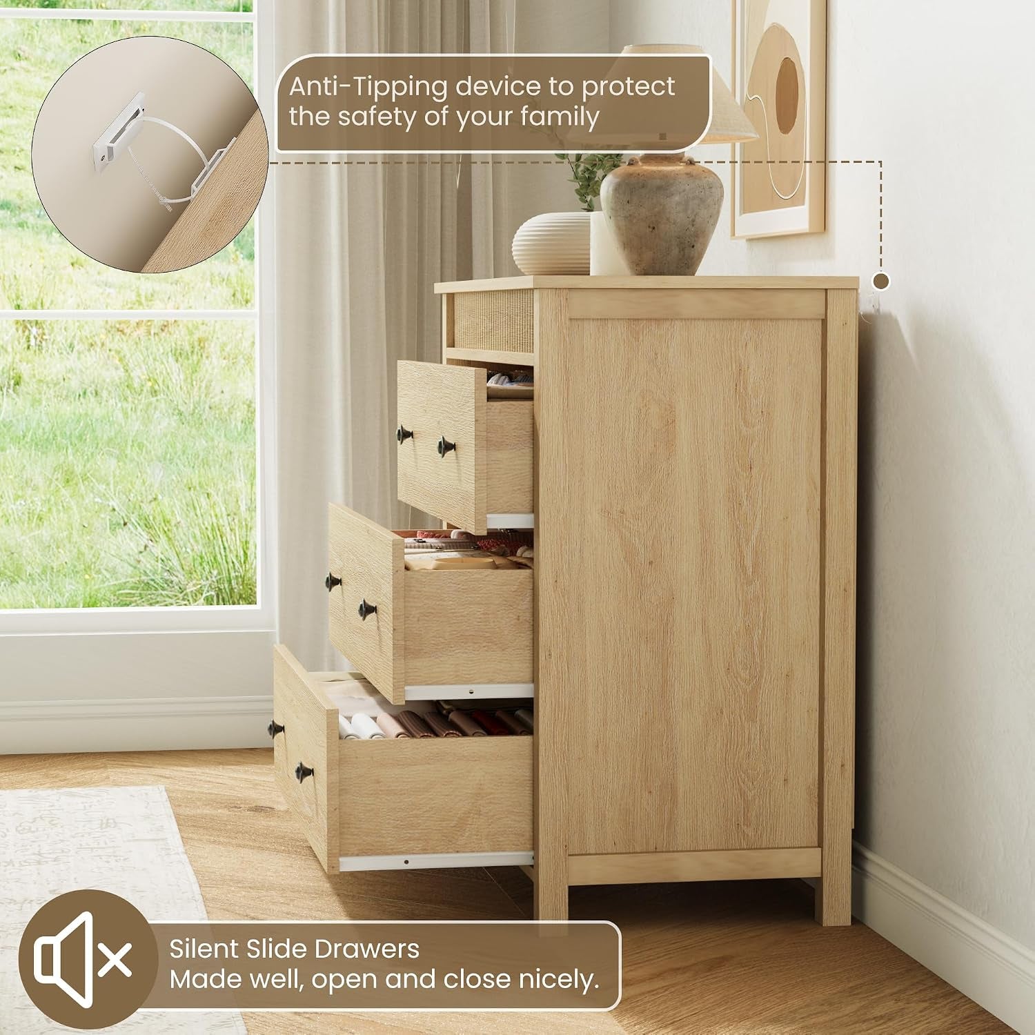 31.5" Fluted Nightstand with 3 Drawers, Modern Wooden Bedside Table with Storage, Oak Night Stand for Bedroom, Large End Table with Spacious Top