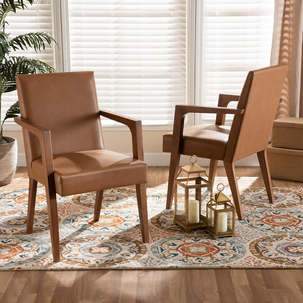 Andrea Mid-Century Modern Tan Faux Leather Upholstered and Walnut Brown Finished Wood 2-Piece Armchair Set