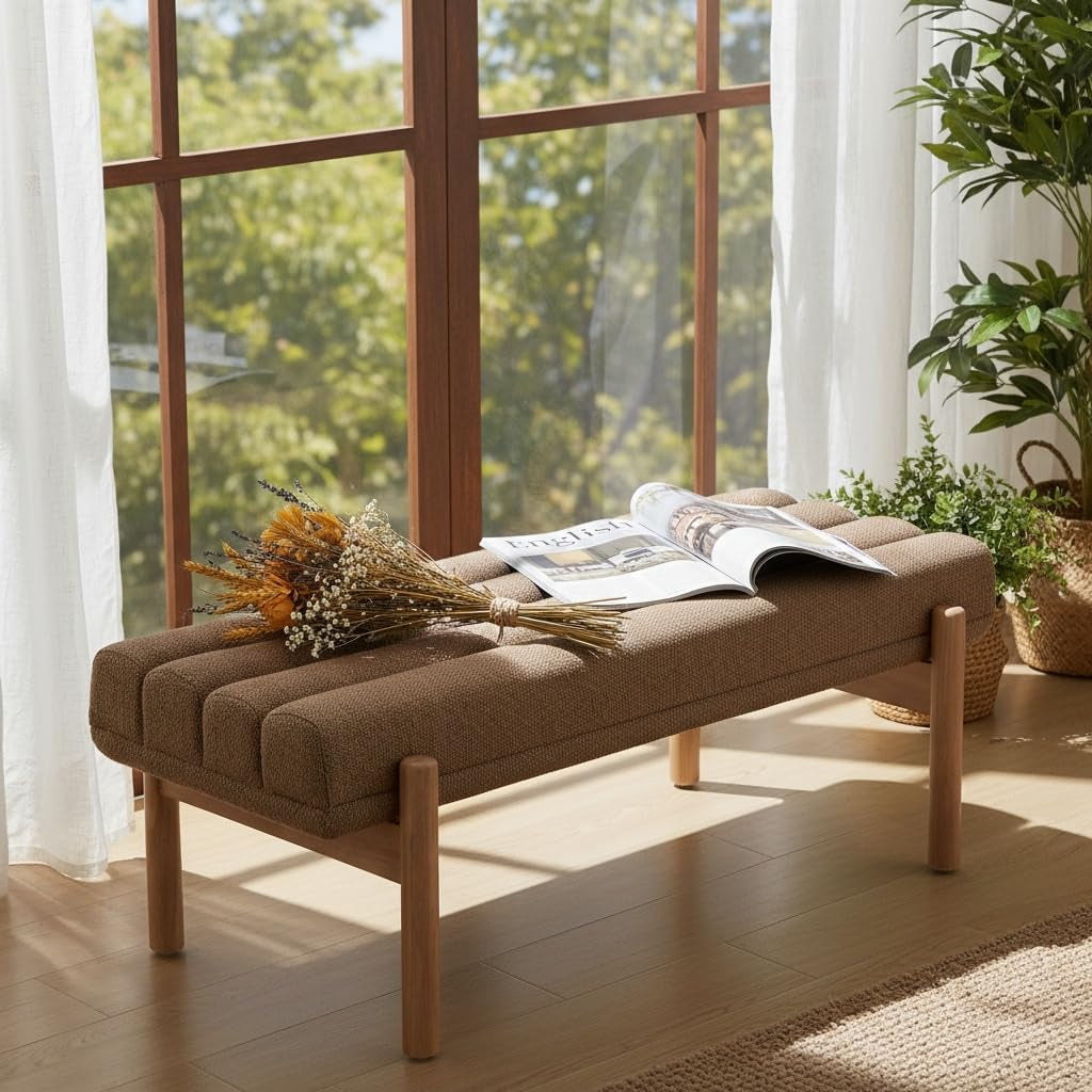 47" Upholstered Entryway Bedroom Bench End of Bed, Modern Brown Chenille Tufted Bedroom Indoor Bench with Wood Natural Finish, Entry Ottoman Bench for Hallway Window Dining Living Room