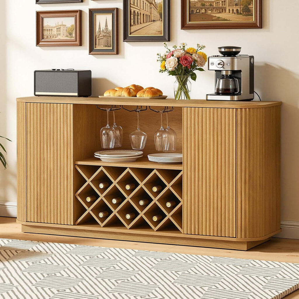 Fluted Wine Bar Cabinet with Storage, 58" Buffet Sideboard Cabinet Sideboard with Wine Rack & Glass Holder, Farmhouse Wine and Coffee Bar Cabinet for Living Room, Kitchen, Natural Color
