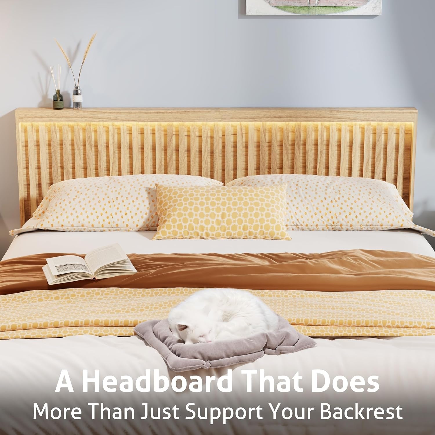 Headboard with Elegant Light Wood Design, 62.6" Wide Headboard Only, Modern Fluted Panel, Wall Mounted, Wingback (Ivory White, Queen)