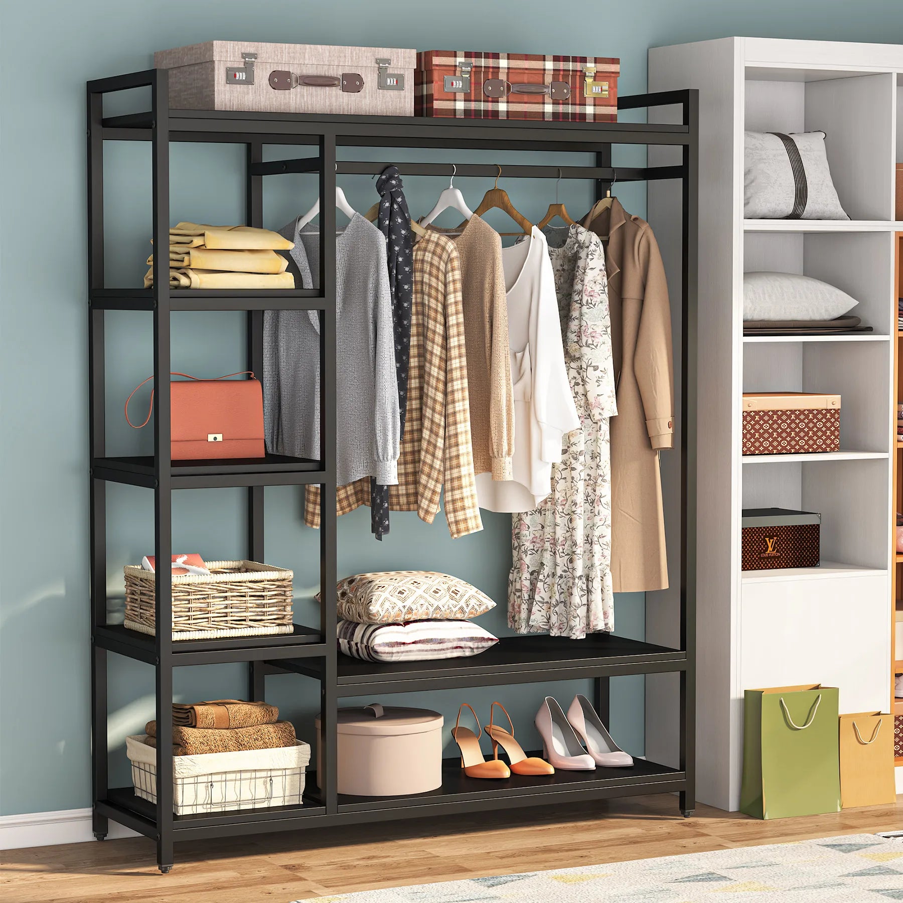 Free Standing Wood Closet Clothes Rack, Grament Rack with Shelves, Hanging Racks for Clothes Clothing Rack for Bedrom
