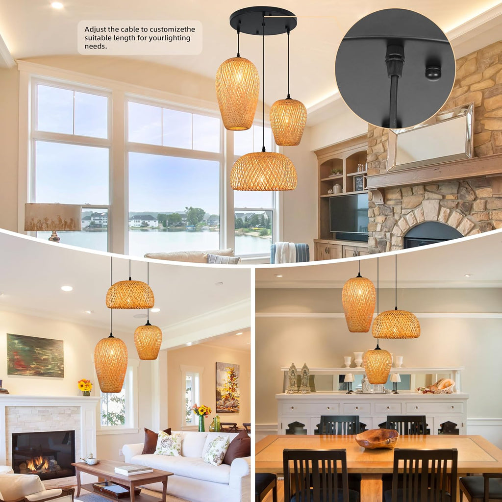 3-Light Rattan Pendant Light Rattan Chandelier Light Fixture Boho Chandelier Light Fixture Hand-Woven Bamboo Chandeliers 3-Light Bamboo Pendant Light for Living Room Dining Room (Bulb Incl.)