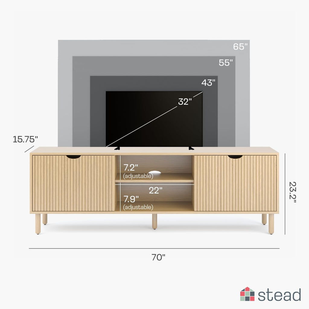 Contemporary Fluted TV Stand, 70 Inches TV Media Console, Supports 32 to 80" Tvs, Media Console Cabinet for Living Room and Bedrooms, Soft-Close Cabinet Doors (Light Oak)