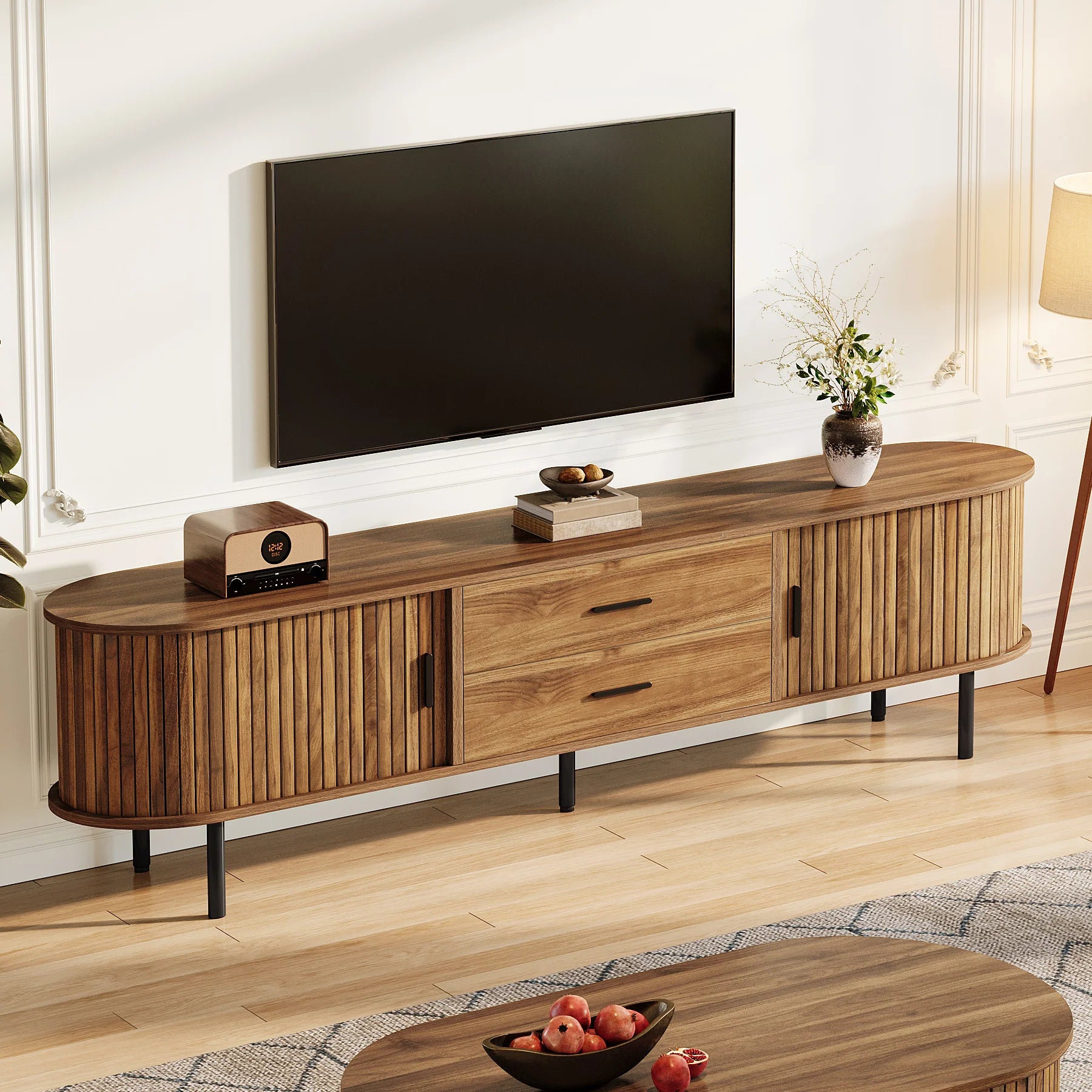70" Mid-Century Modern TV Stand with Sliding Tambour Door, Drawers and Adjustable Shelves, Long Fluted Entertainment