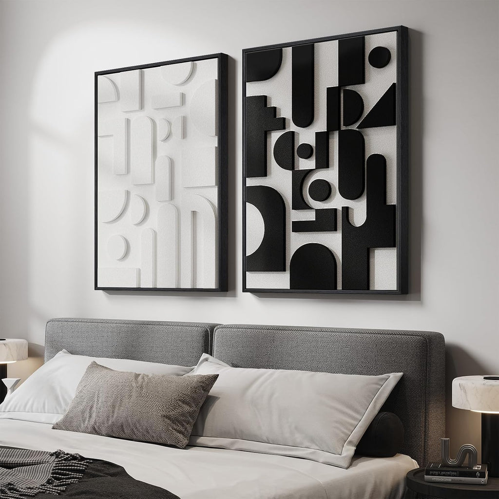 Black and white textured abstract framed wall art