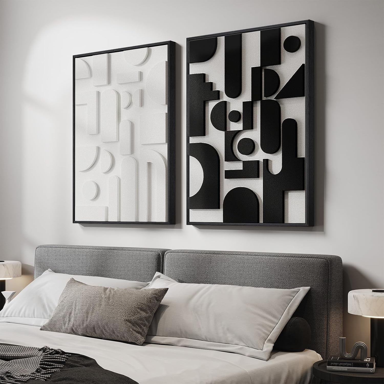 Black and white textured abstract framed wall art