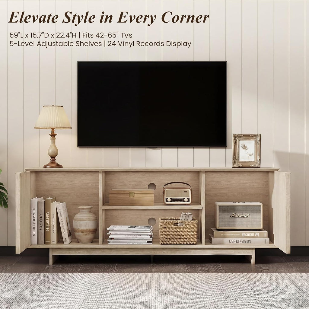 Sunwashed Oak TV Stand for 65 Inch TV, Modern Japandi Entertainment Center with 45° Slim Frame, 59" Scandinavian TV Console Table with Embossed Doors, Media Storage Cabinet, Light Wood Color